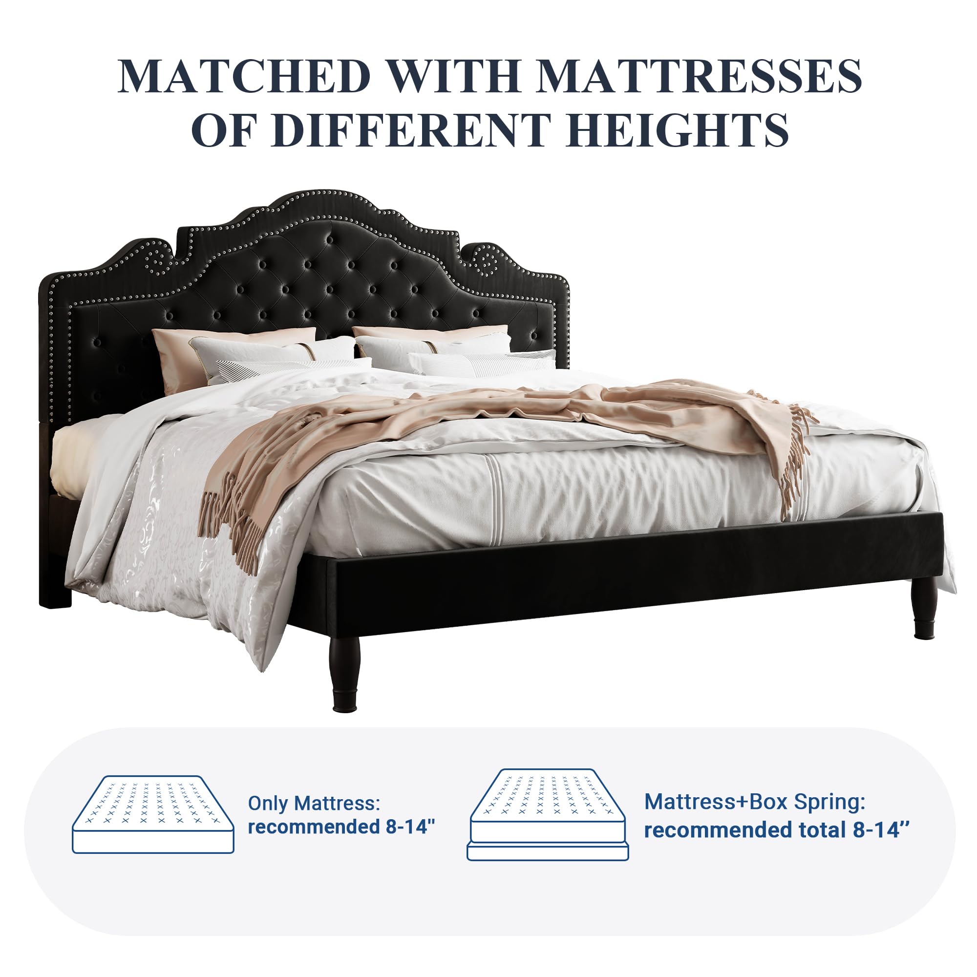 Allewie King Size Platform Bed Frame with Adjustable Velvet Tiara Headboard - Upholstered Diamond Button Tufted Design, Wood Slat Support, No Box Spring Needed - Easy Assembly Mattress Foundation in Black | Perfect for Master Bedrooms & Modern Home Decor