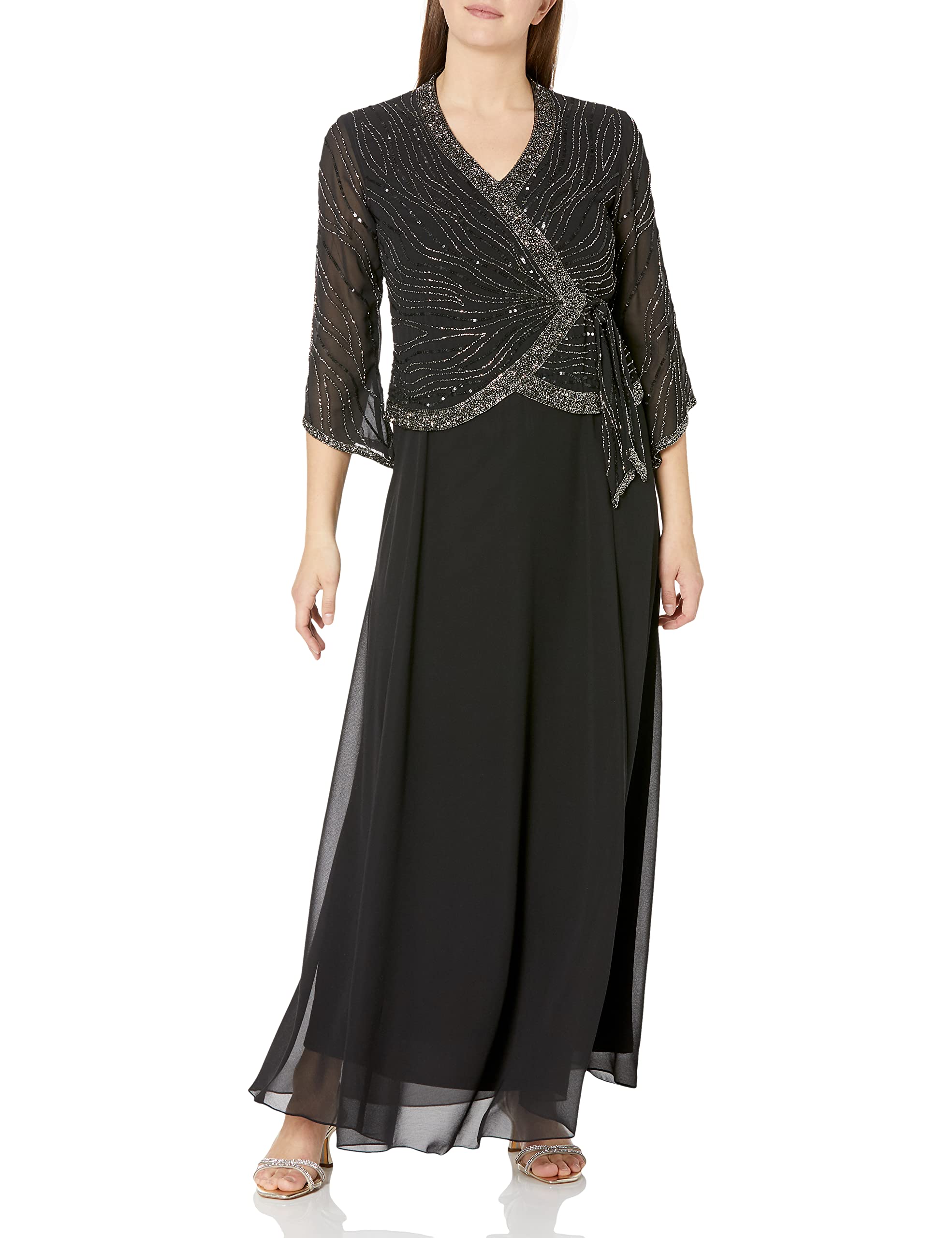 J Kara Women's Petite Long 3/4 Sleeve V-Neck Beaded Faux Wrap Dress - Elegant Cocktail Party & Wedding Guest Outfit