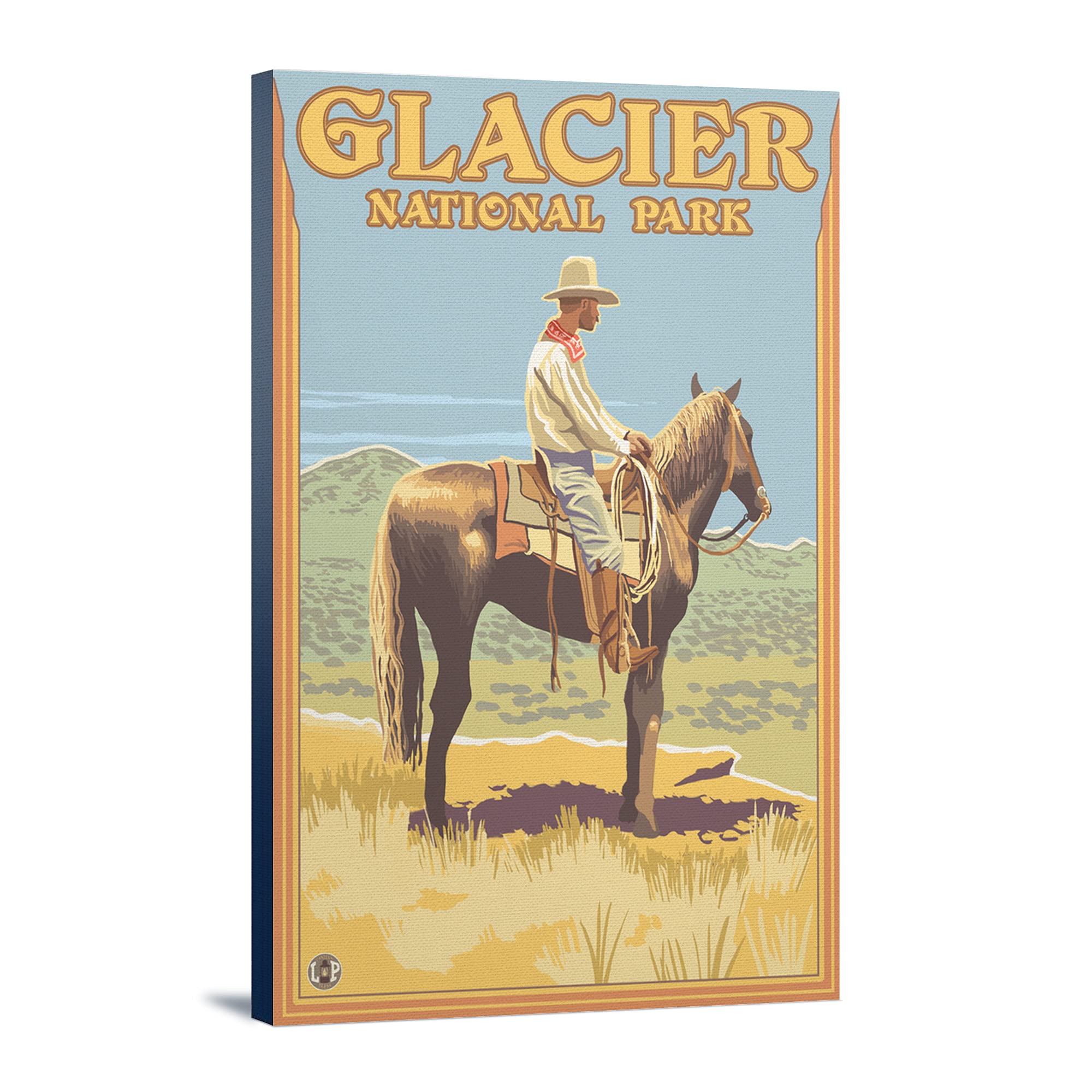 16x24 Cowboy on Horseback Wall Art - Glacier National Park Montana Landscape Canvas Print - Western Home Decor for Living Room, Office & Cabin