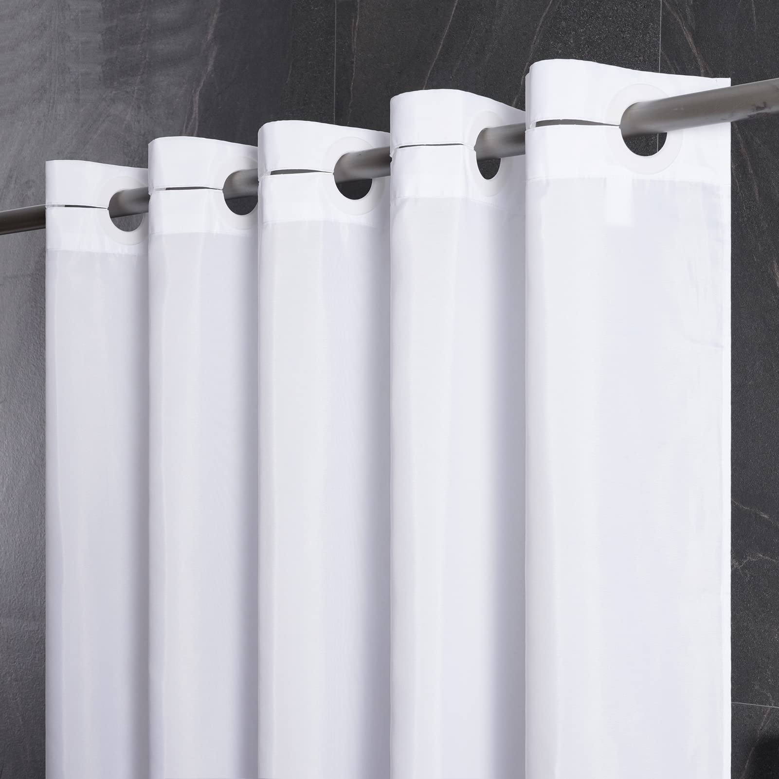 Furlinic White No Hook Small Stall Shower Curtain 48x78 Inch - Half Narrow Size Polyester Fabric Bathroom Curtain with 6 Plastic Split Grommets - Hotel Quality Waterproof & Washable Bath Shower Curtain for Bathroom, Guest Room & Apartment Use