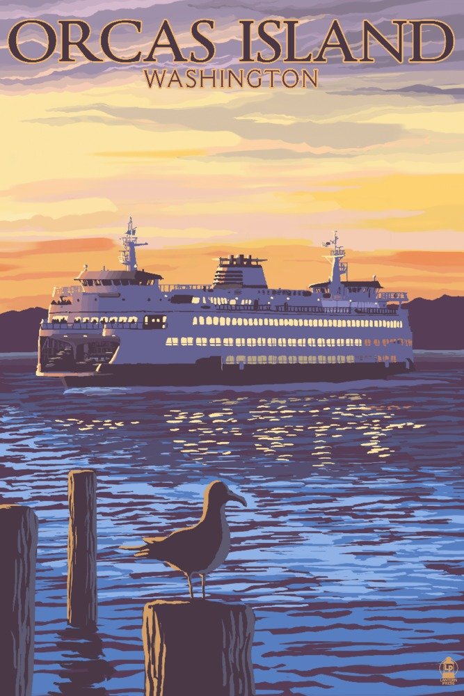 Orcas Island Washington Ferry Sunset and Gull 24x36 Signed Art Print - Coastal Wall Decor for Living Room, Bedroom & Office