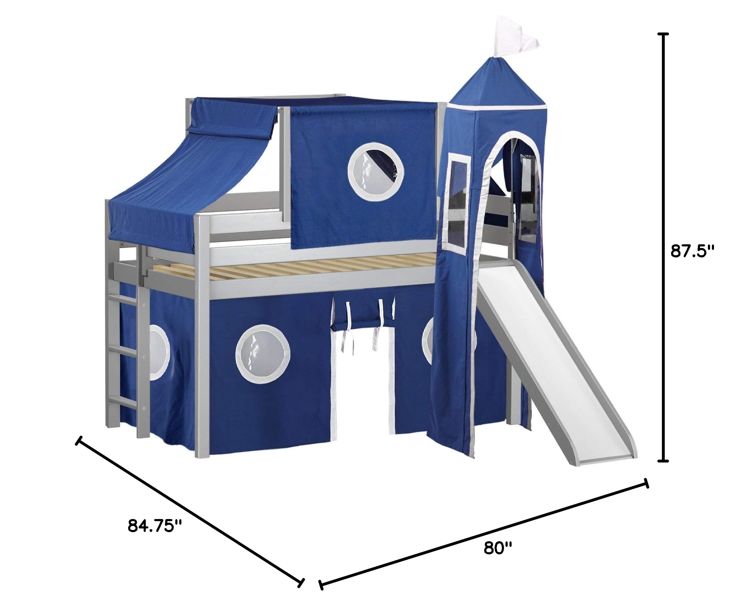JACKPOT! Twin Size Gray Castle Low Loft Bed with Slide - Blue & White Play Tent & Tower for Kids | Perfect for Bedrooms, Playrooms & Imaginative Play