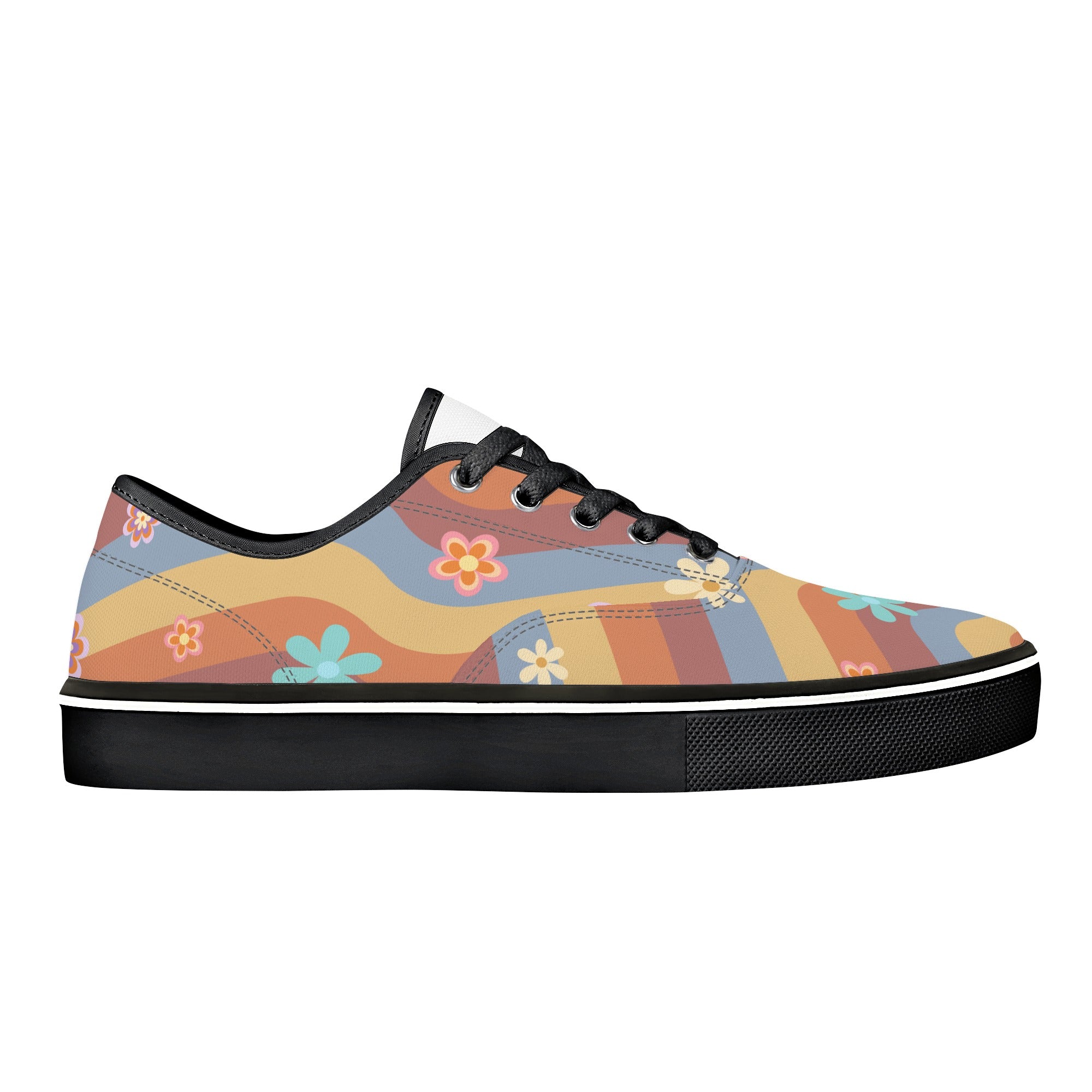 Women's Retro Floral Print Lace-Up Skate Sneakers - Vintage Hippie Style for Casual Wear & Street Fashion