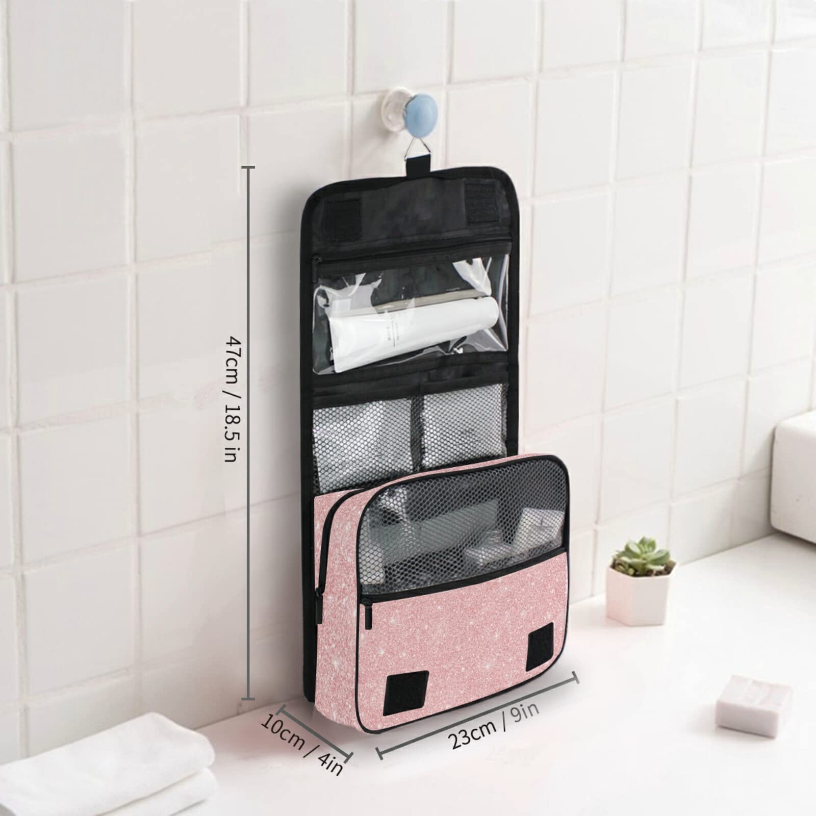 Custom Light Pink Glitter Personalized Travel Hanging Toiletry Bag - Large Waterproof Makeup Organizer for Women & Girls - Perfect for Cosmetics, Toiletries, Travel & Gym Essentials