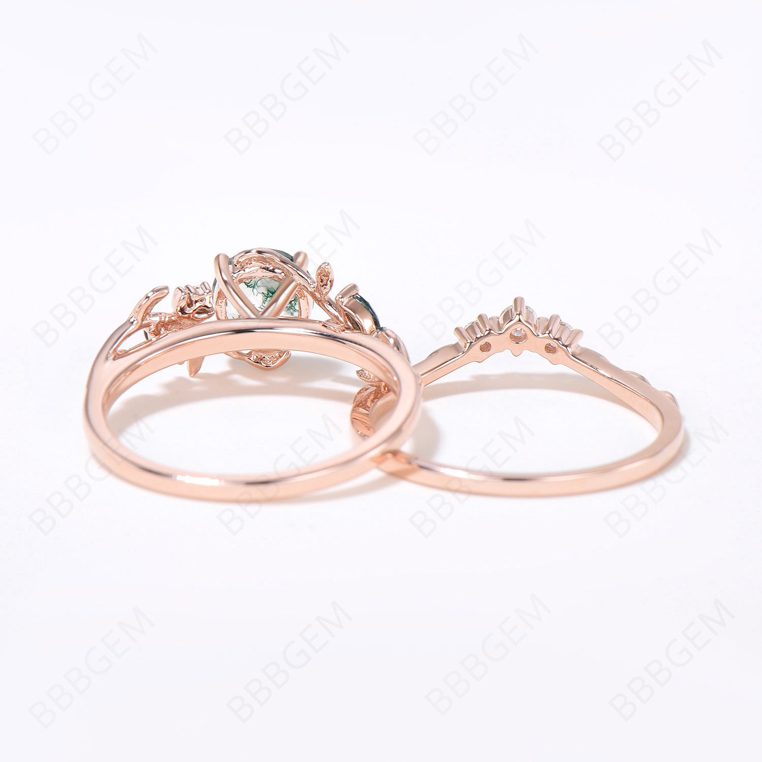14K Rose Gold Moss Agate Engagement Ring Set - Nature Inspired Leaf Vine Design with Round Aquatic Agate Wedding Band (2-Piece Bridal Set) | Perfect for Outdoor Weddings, Beach Proposals & Boho Chic Jewelry Lovers