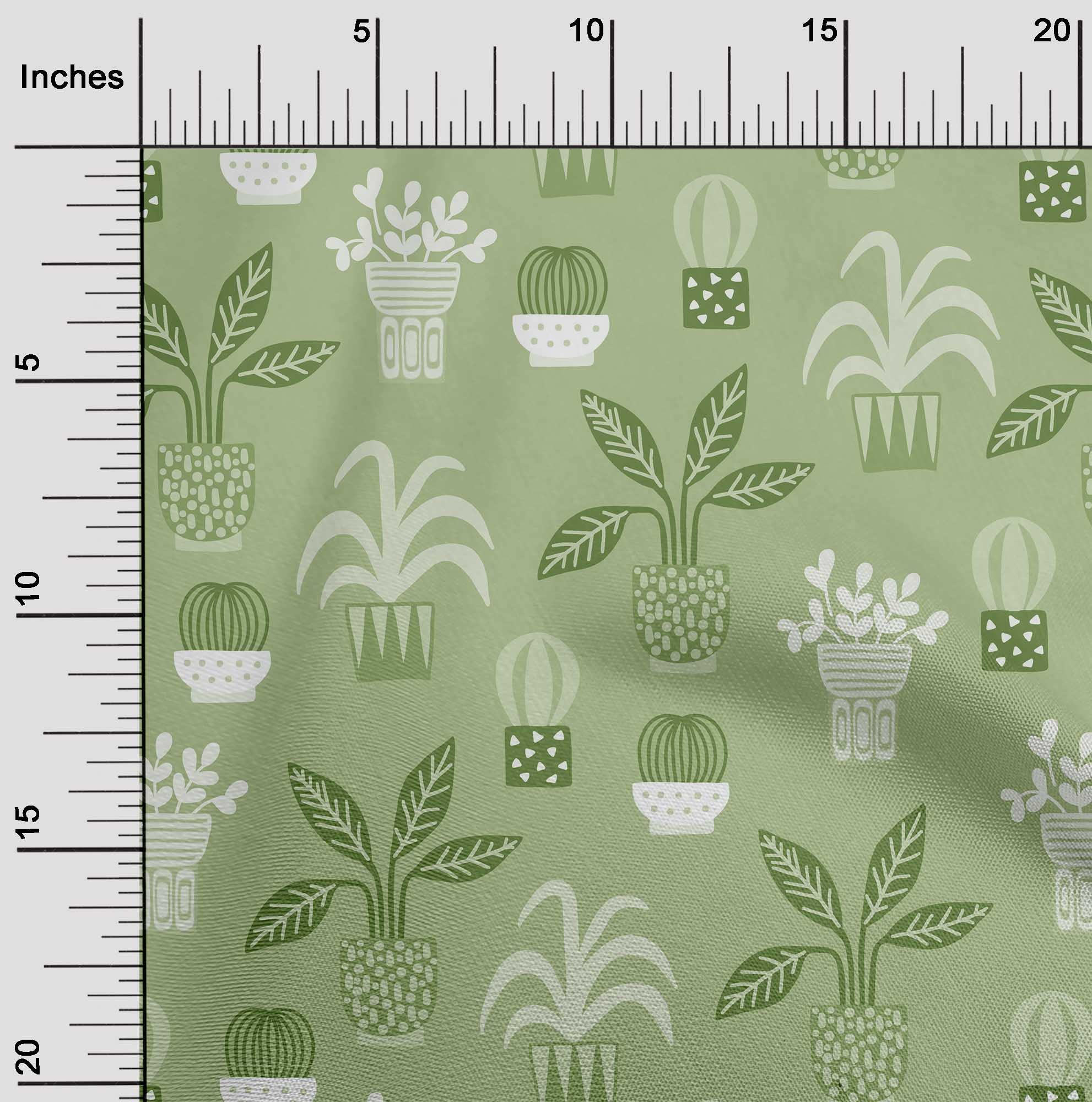 oneOone Cotton Poplin Green Fabric with Flower Pots Motif - 56 Inch Wide Printed DIY Sewing Material for Clothing, Quilting & Home Decor Projects | Perfect for Dresses, Curtains & Crafting