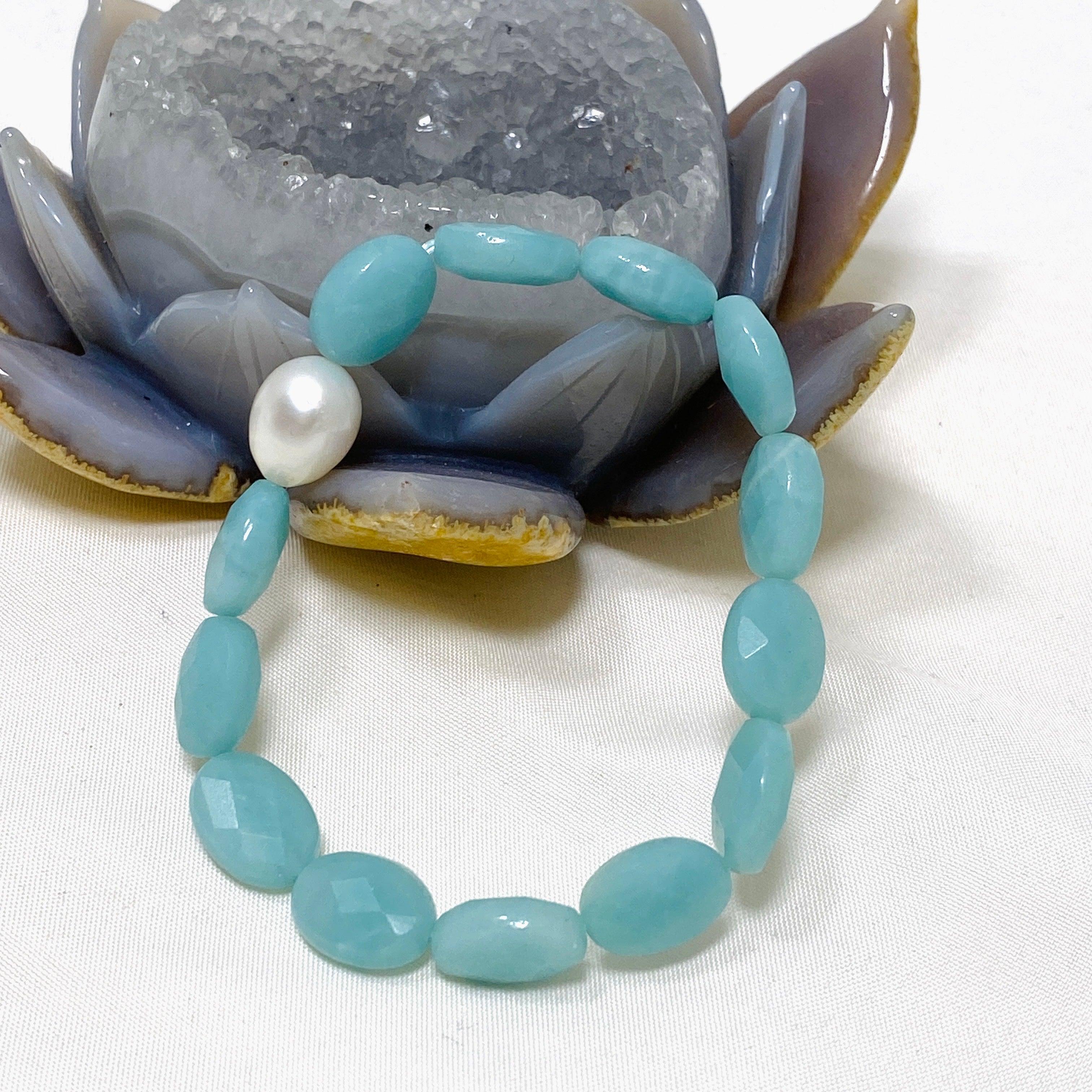Amazonite Faceted Bead & Pearl Gemstone Bracelet - Natural Stone Jewelry for Women - Elegant Gift for Birthday, Wedding & Everyday Wear