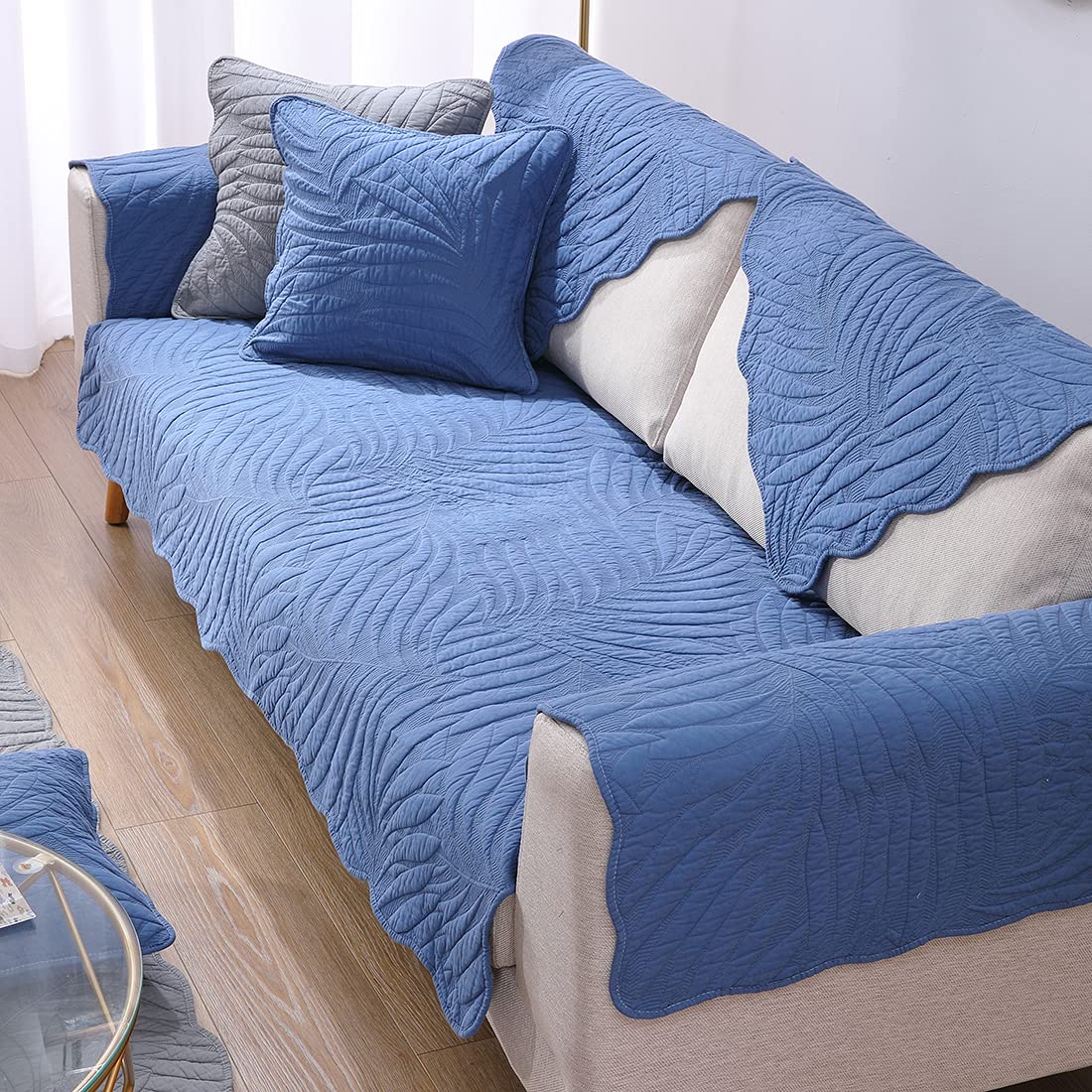 VCTOPS Leaf Embroidery Cotton Sofa Cover - Non-Slip Sectional Couch Protector for Pets, Recliners & L-Shaped Couches (Blue, 28x82 Inch) - Perfect for Living Room Furniture Protection Against Dog & Cat Hair