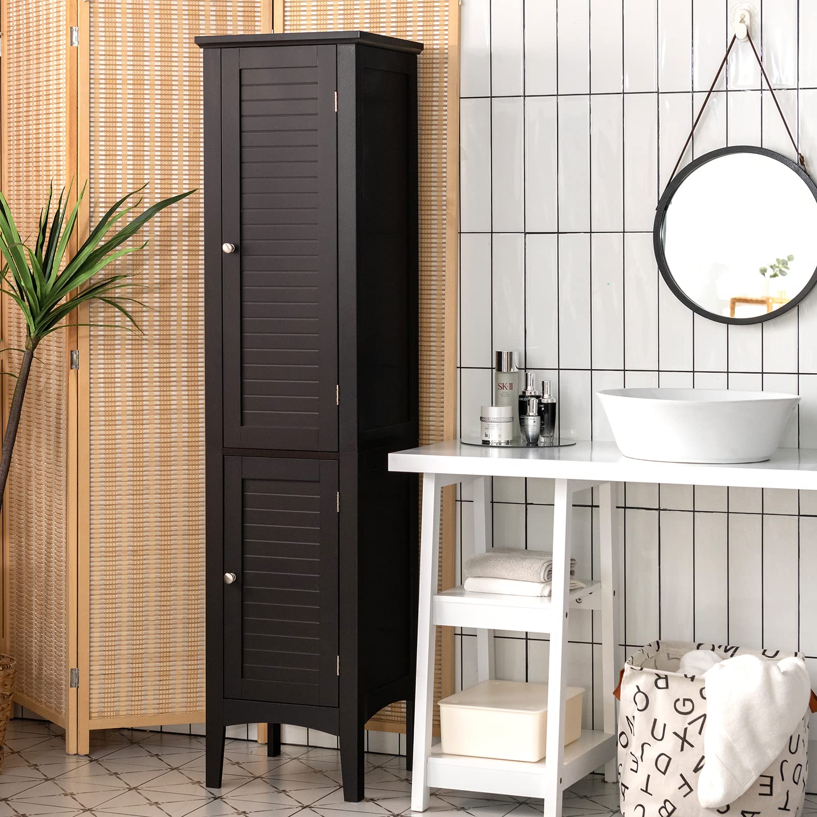 Tangkula 5-Tier Tall Bathroom Storage Cabinet - Freestanding Wooden Tower Organizer with 2 Doors & Shelves for Bathroom, Living Room, Kitchen - Narrow Floor Cabinet (Brown) | Perfect for Small Spaces, Apartment Storage & Home Organization