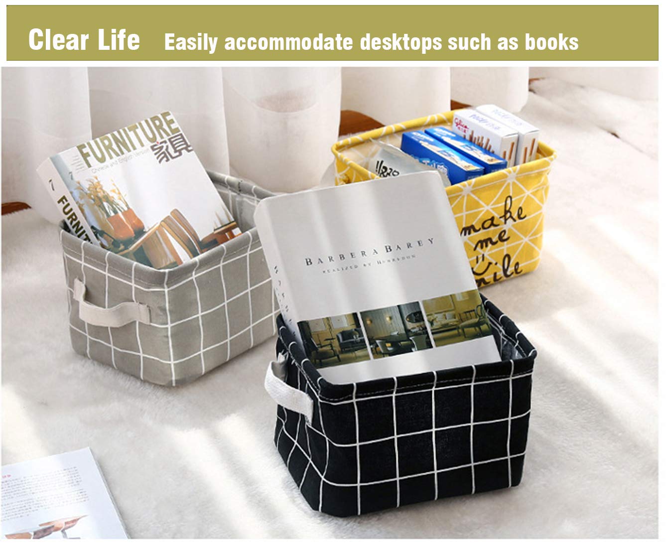 AARainbow 3-Pack Canvas Storage Baskets with Handles - Mini Storage Cubes for Makeup, Baby Toys, Books & Nursery Organization - Perfect for Shelves, Desks & Closet Storage (Black, White, Gray)