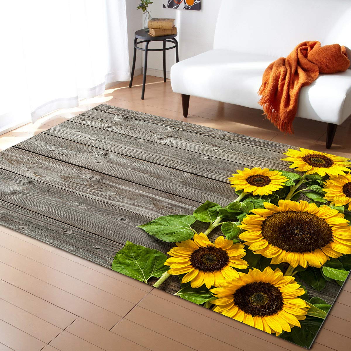 Super Soft Sunflower Large Area Rug 4' x 6' - Non-Slip Backing Indoor Outdoor Rug for Bedroom, Nursery, Living Room - Sunflower Wood Pattern Home Decor Rug for Cozy Home & Garden
