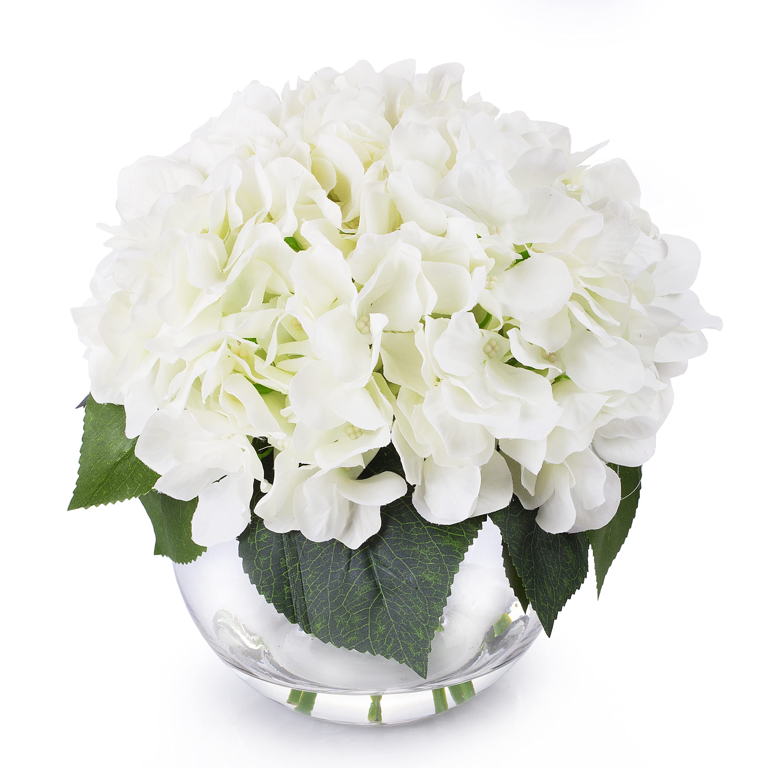 ENOVA Home Cream Hydrangea Artificial Flower Arrangement in Clear Glass Vase with Faux Water - Elegant Home & Office Decor for Living Room, Dining Table, Wedding Centerpiece (Cream)