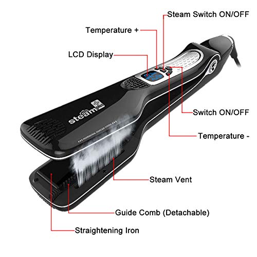 Professional Steam Ceramic Tourmaline Hair Straightener Brush - Dual Voltage Flat Iron with LCD Display & Removable Teeth | Salon-Quality Styling for Smooth, Frizz-Free Hair at Home or Travel