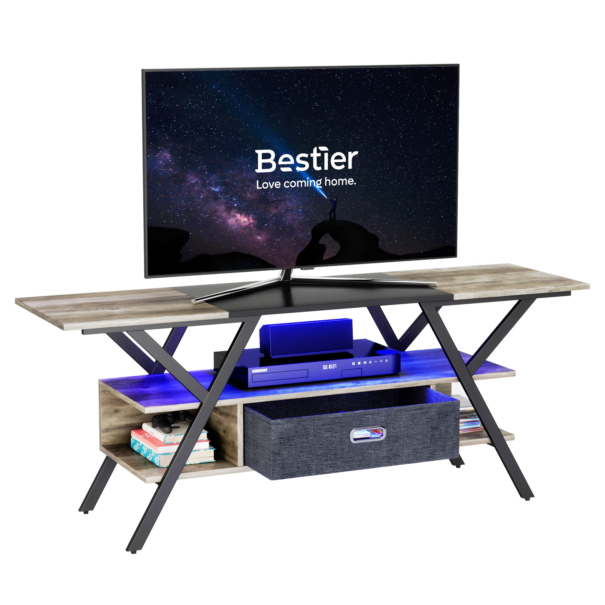 Bestier 55/60/65 Inch LED TV Stand with Storage Drawers - Modern Entertainment Center for Gaming Consoles (PS5/Xbox) - Wash Gray TV Cabinet for Living Room & Bedroom - Perfect for Movie Nights & Gaming Sessions