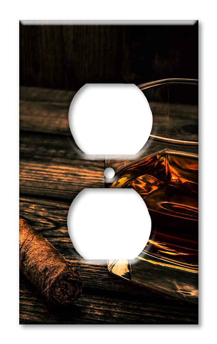 Decorative Metal Duplex Outlet Cover - Cigar & Whiskey Themed Art Wall Plate (Made in USA) - Perfect for Home Bars, Man Caves & Whiskey Lounge Decor