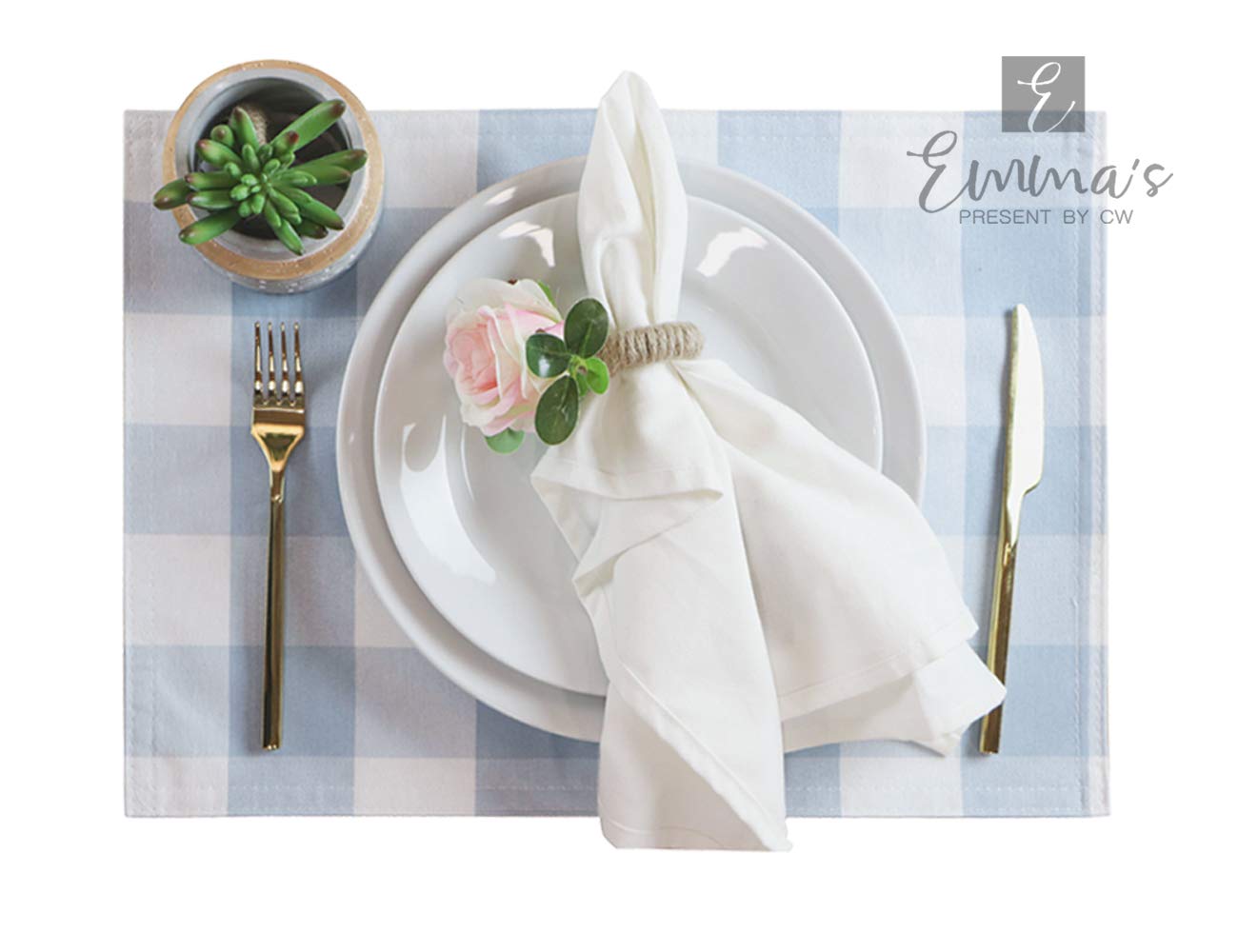 Emma's Buffalo Check Placemats Set of 4 - Reversible Cotton Table Mats for Dining & Kitchen - Blue and White Plaid Placemat Set - Perfect for Baby Shower, Thanksgiving & Holiday Dinner Decor