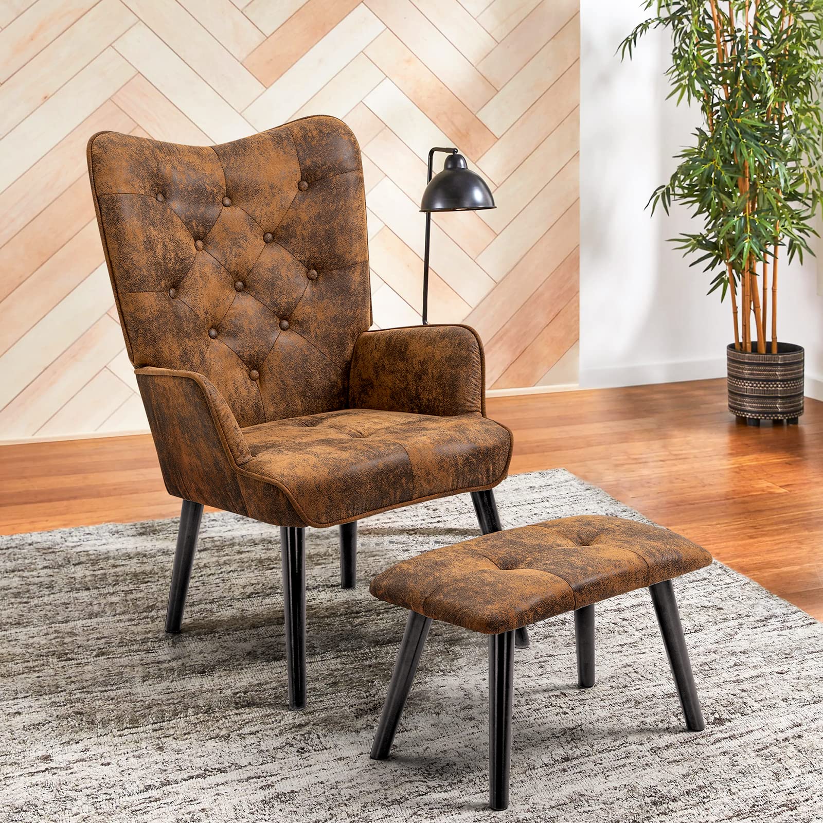 ECOTOUGE Accent Chair with Ottoman - Anti-Skid Feet, Wingback Leisure Sofa, Upholstered Tall Back Desk Chair for Bedroom, Reading Nook & Home Office (Brown) - Perfect for Relaxing, Working & Decorating
