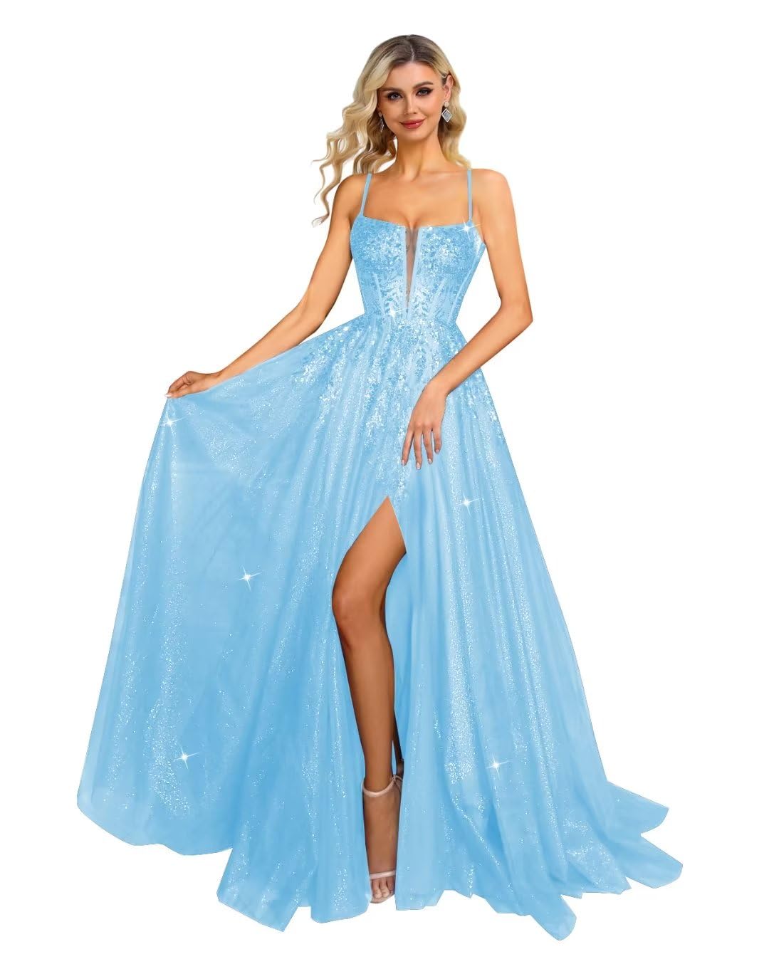 Homdor Sequin Applique Tulle Prom Dress - Long Spaghetti Straps V-Neck Ball Gown Glitter Formal Evening Gown for Homecoming, Wedding, Quinceañera & Special Occasions