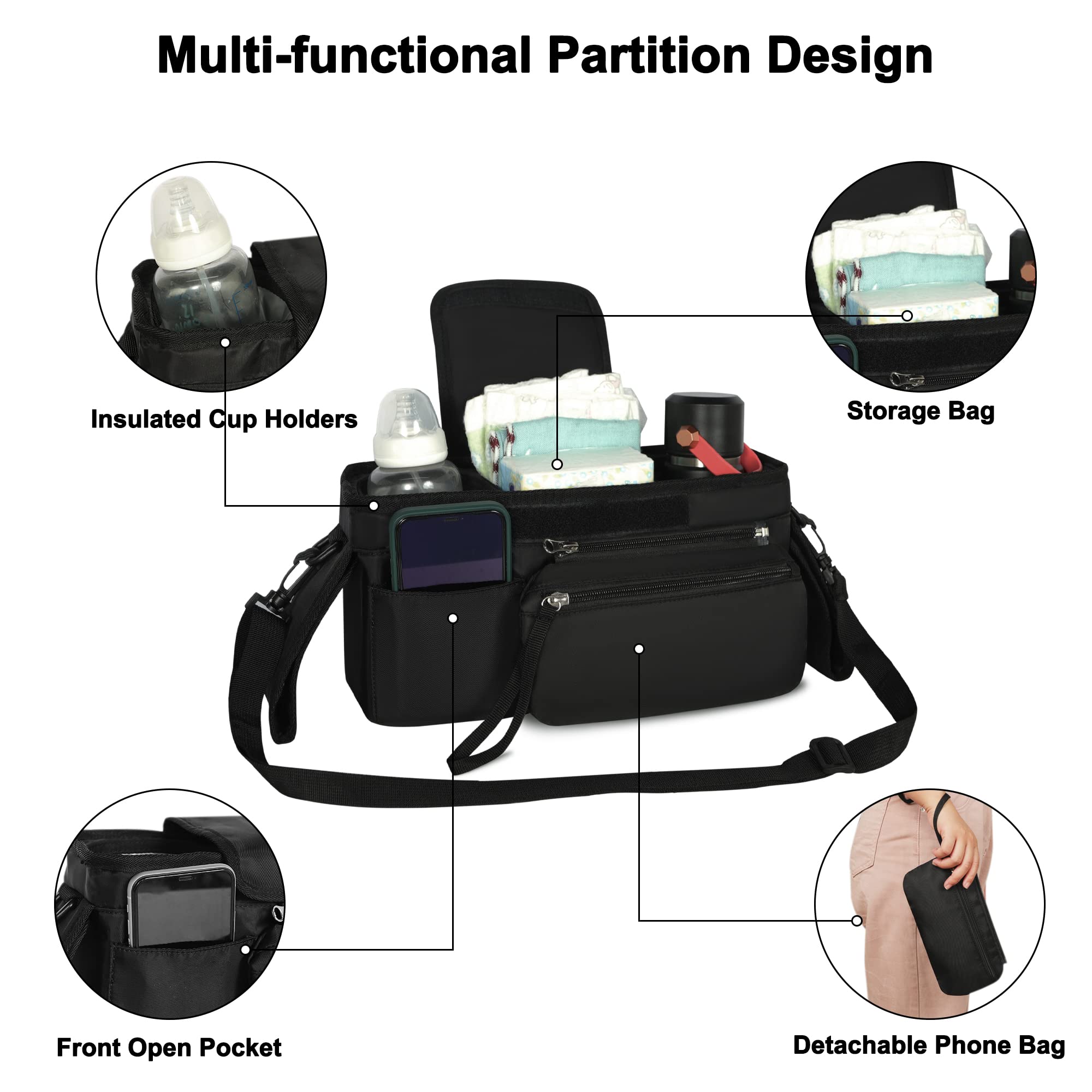 **Baby Stroller Organizer with 2 Insulated Cup Holders & Detachable Phone Bag - Universal Stroller Caddy for Diapers, Keys, Phone - Perfect for Shopping, Walks & Travel**