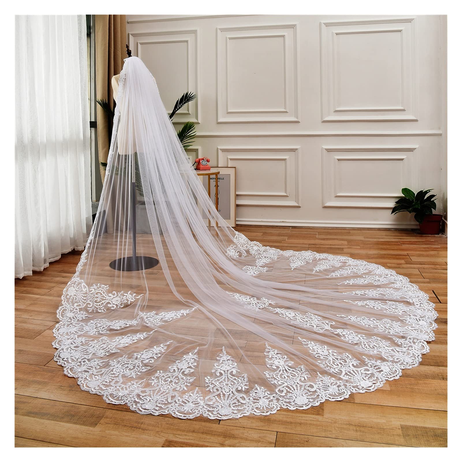 Elegant Cathedral Length Tulle Bridal Veil with Comb - One Layer Wedding Veil in White/Ivory, 300cm Long with Full Lace Edge Applique for Bride | Perfect for Church Weddings, Formal Ceremonies & Romantic Photo Shoots