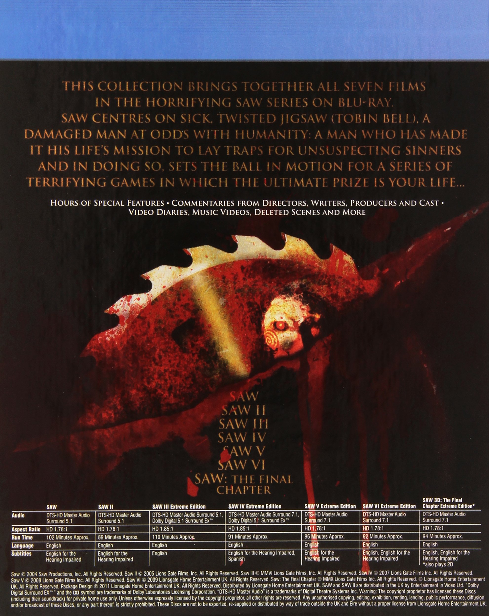 Saw 1-7 Complete Movie Collection Blu-ray Box Set [UK Import] – Perfect for Horror Movie Nights and Halloween Parties