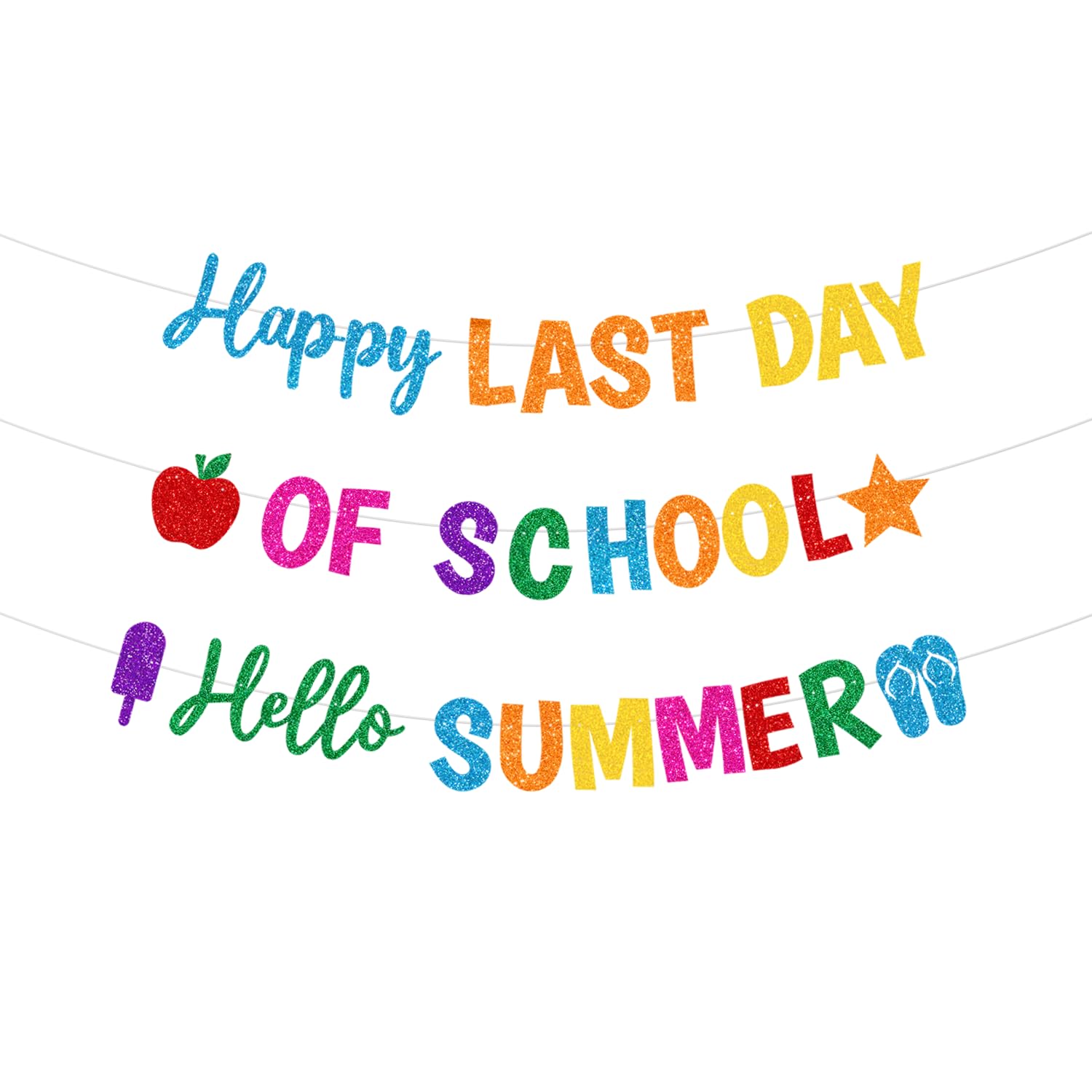 Glittery Happy Last Day of School Banner - Colorful Hello Summer Sign for End of Year Party Decorations - Perfect for Classroom Celebrations, Summer Vacation Decor & Photo Backdrops