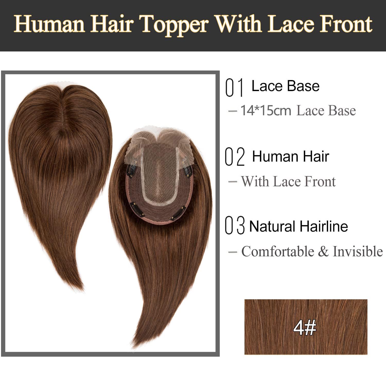 JIAJIA Teresa Lace Front Human Hair Topper for Women - 130% Density Mono Base Clip-in Hairpiece, Hand-Tied Volumizing Hair Topper for Thinning Hair (12 Inch, Color 4#) | Perfect for Daily Wear, Special Occasions & Hair Loss Solutions