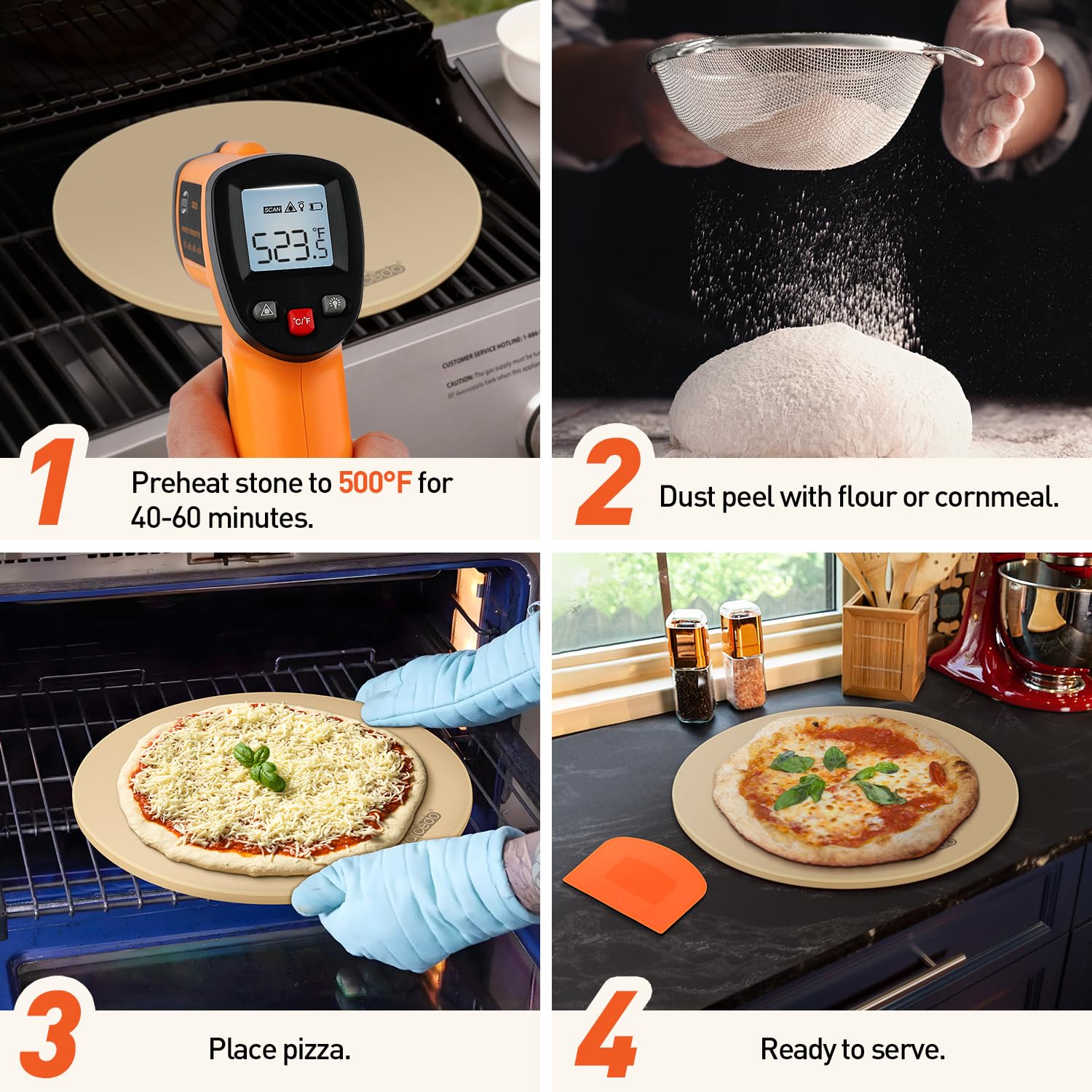 16 Inch Round Cordierite Pizza Stone for Oven - Thermal Shock Resistant Baking Stone for Bread, Pizza & BBQ Grilling - Includes PE Scraper - Perfect for Home Baking, Outdoor Cooking & Restaurant Use