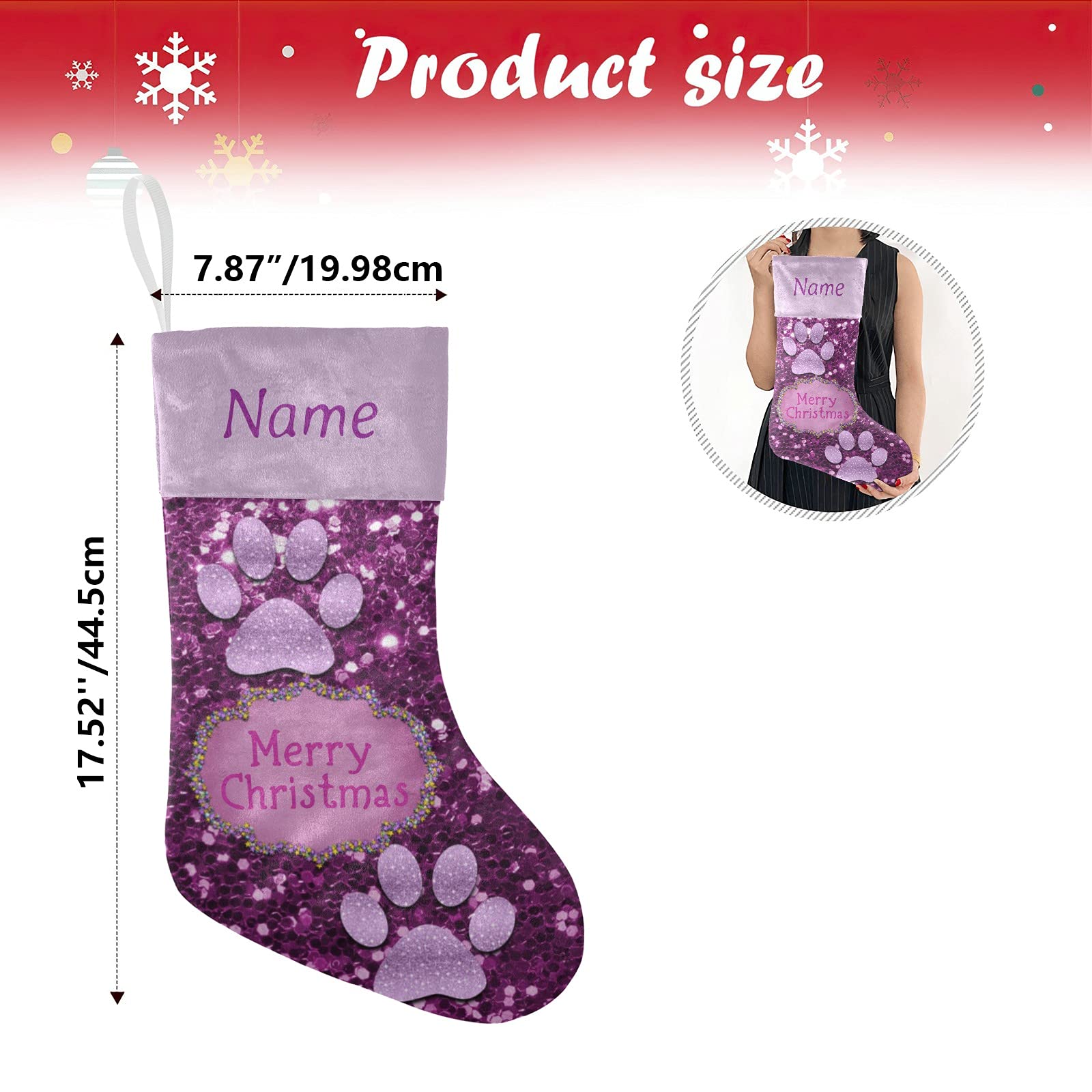 Personalized Christmas Stockings with Name - Purple Paw Bling Print Holiday Decor for Family, Pets & Home (17.52 x 7.87 Inch) - Perfect for Fireplace Mantel, Xmas Tree Decorations & Gift Exchange Parties