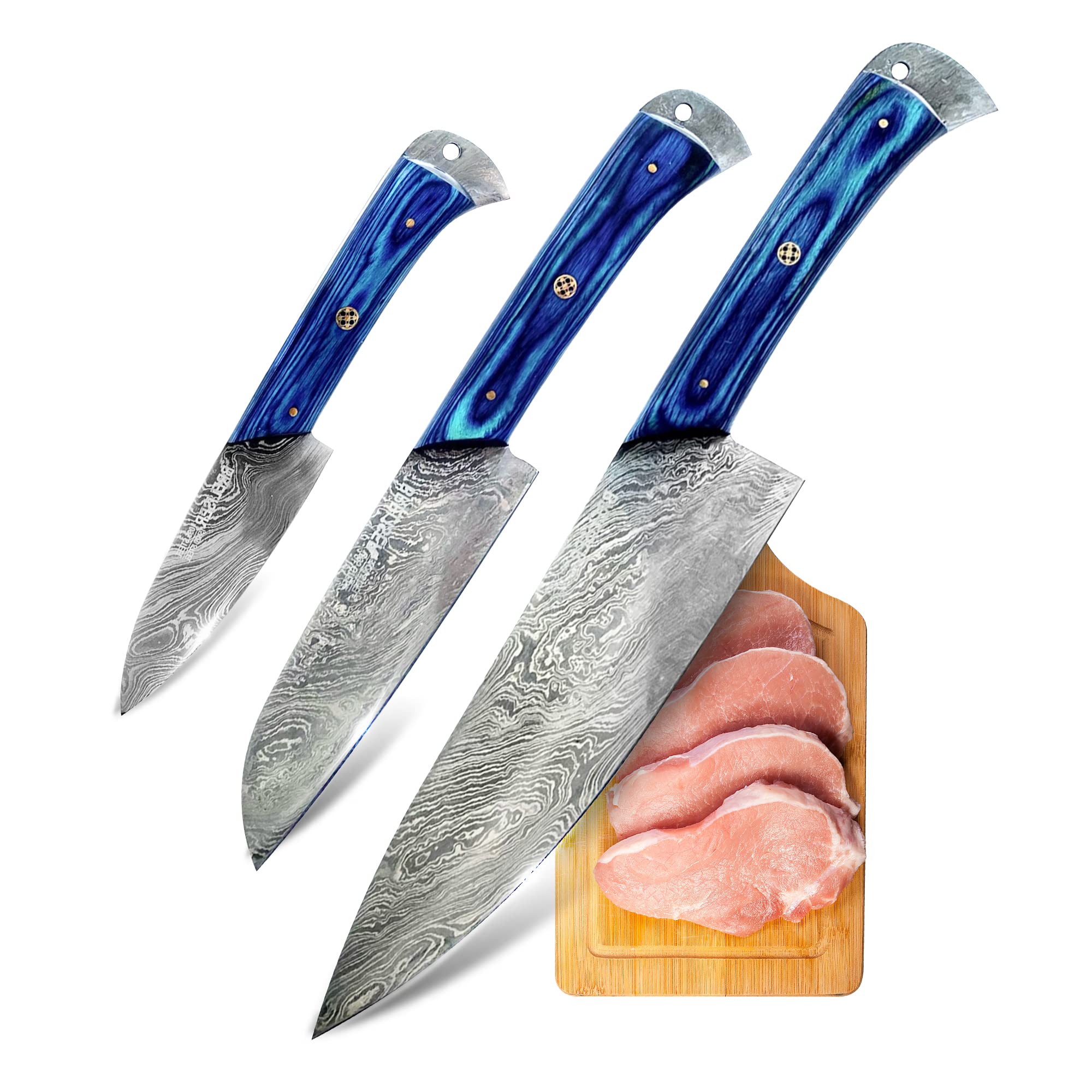 Premium 3-Piece Damascus Steel Kitchen Knife Set - Professional Chef Knife, Santoku & Paring Knife with Blue Pakkawood Handles - Perfect for Home Cooking, Professional Chefs & Gift Giving