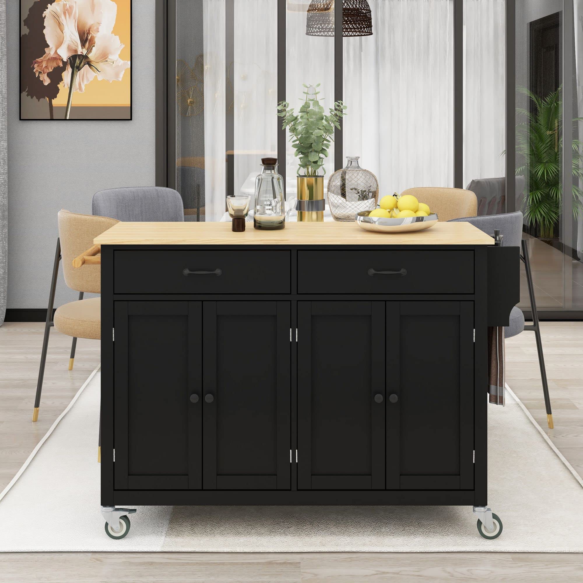 **Black Kitchen Island Cart with Locking Wheels, Drop Leaf Breakfast Bar Table - Portable Wood Coffee & Microwave Cart with Spice Rack, Towel Rack & Drawer - Perfect for Small Kitchens, Apartments & Dining Areas**
