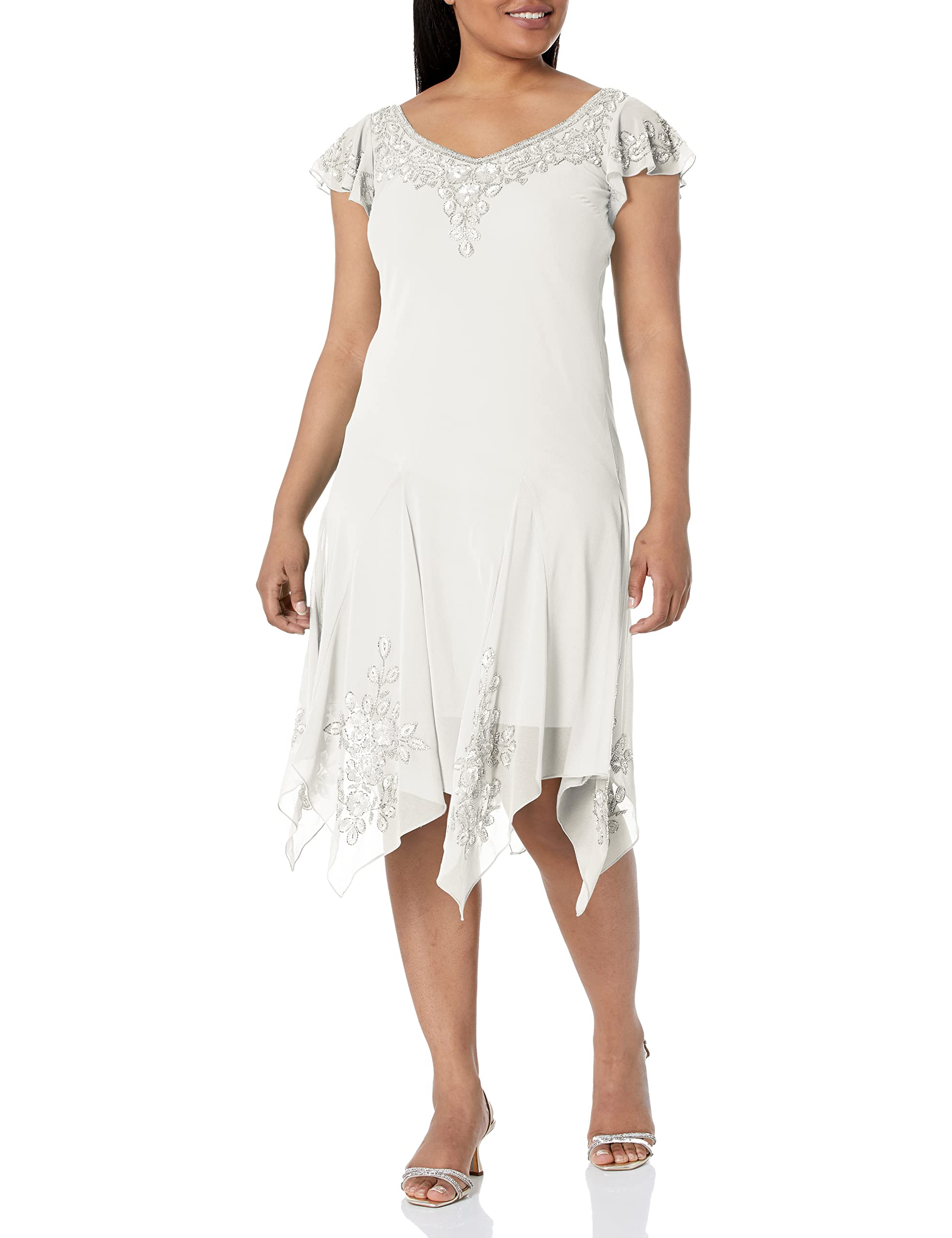 J Kara Women's Plus Size Petite Flutter Sleeve Hanky Hem Short Cocktail Beaded Dress - Elegant Party Wear for Weddings, Evening Events & Special Occasions