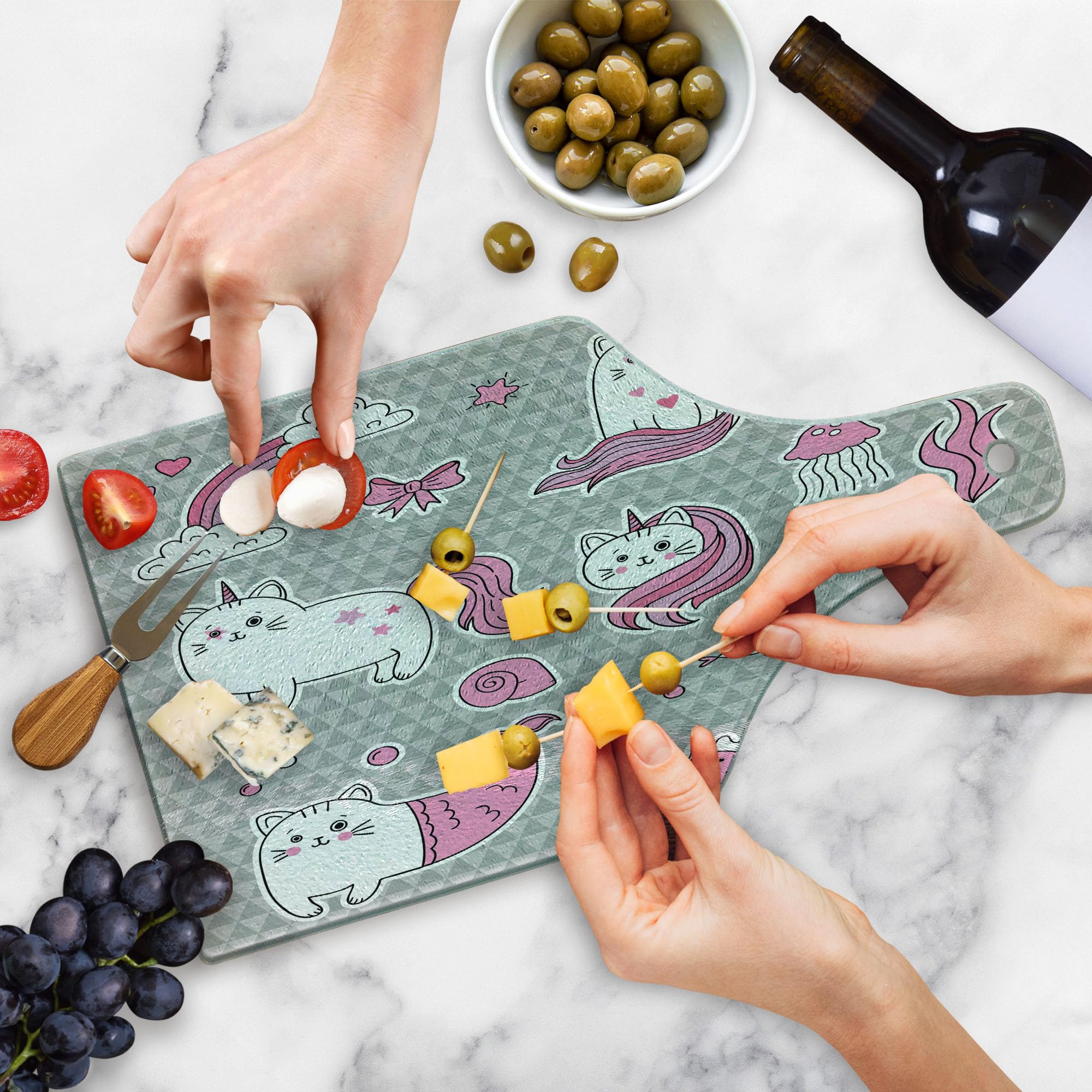 Ambesonne Unicorn Cat Cutting Board - Cute Cat, Unicorn & Mermaid Fish Design with Bubbles & Hearts Underwater Theme - Tempered Glass Serving Board for Kitchen, Cheese, Charcuterie - Wine Bottle Shape in Grey, Pale Pink & White - Perfect for Gifts, Parties & Home Decor
