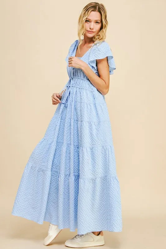 Crinkled Texture Blue Summer Midi Dress - Flowy Casual Beach Dress for Women | Perfect for Vacations, Date Nights & Outdoor Parties