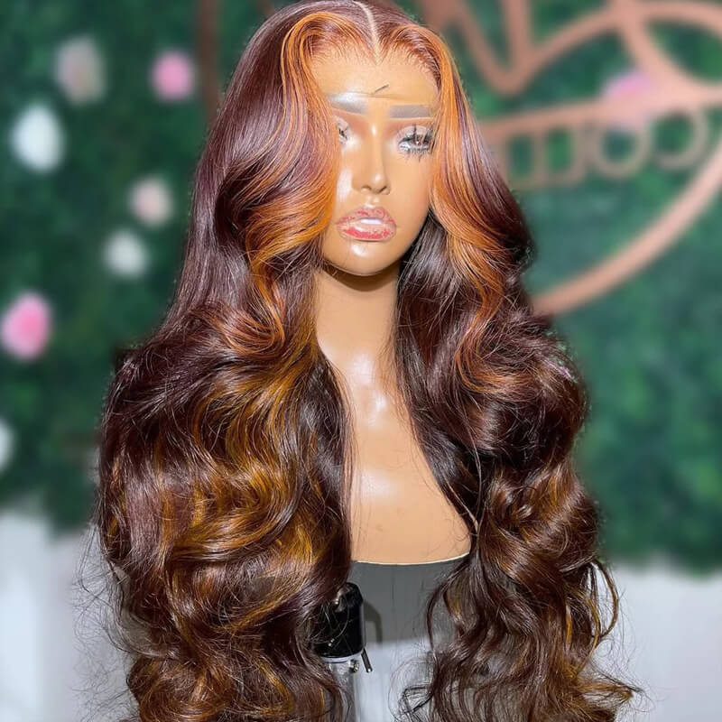Eullair Dark Brown Body Wave Wig with Honey Blonde Highlights & Skunk Stripe Lace Frontal - Human Hair Wig for Women, Perfect for Daily Wear, Cosplay & Special Occasions