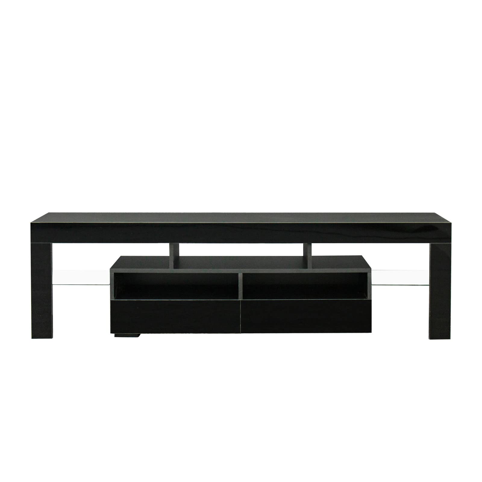 Modern TV Stand with 2 Drawers & 2 Open Shelves - 20 Color RGB LED Lighting with Remote Control - Black Entertainment Center for Living Room, Bedroom & Home Theater Setup