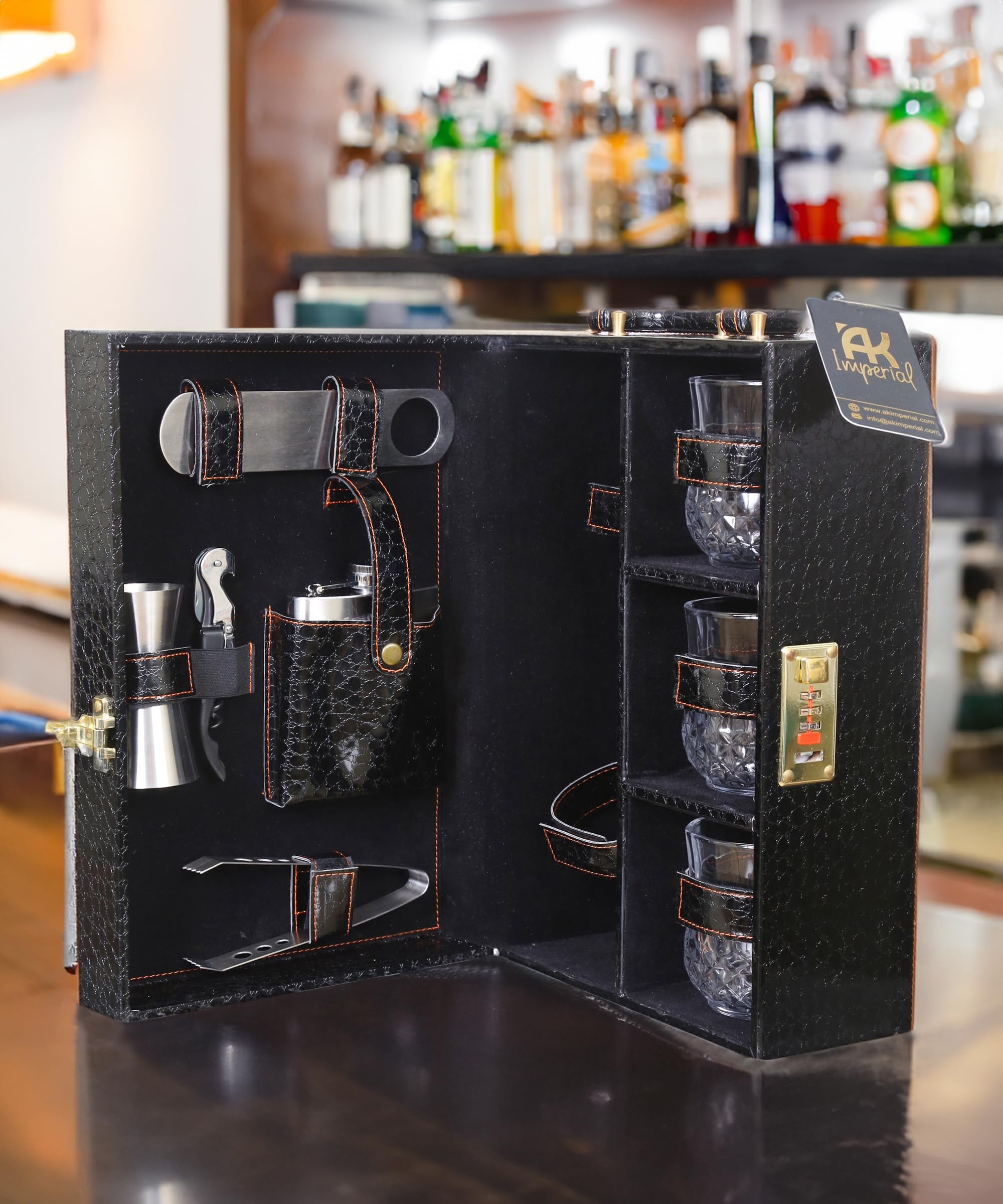 ElitePour Premium 9-Piece Black Croc Print Bar Set with Crystal Whisky Glasses, Tong, Flask, Openers & Peg Measure | Travel, Party, Car & Gift Bar Accessories Set | Perfect for Home Bars, Outdoor Camping & Wedding Gifts