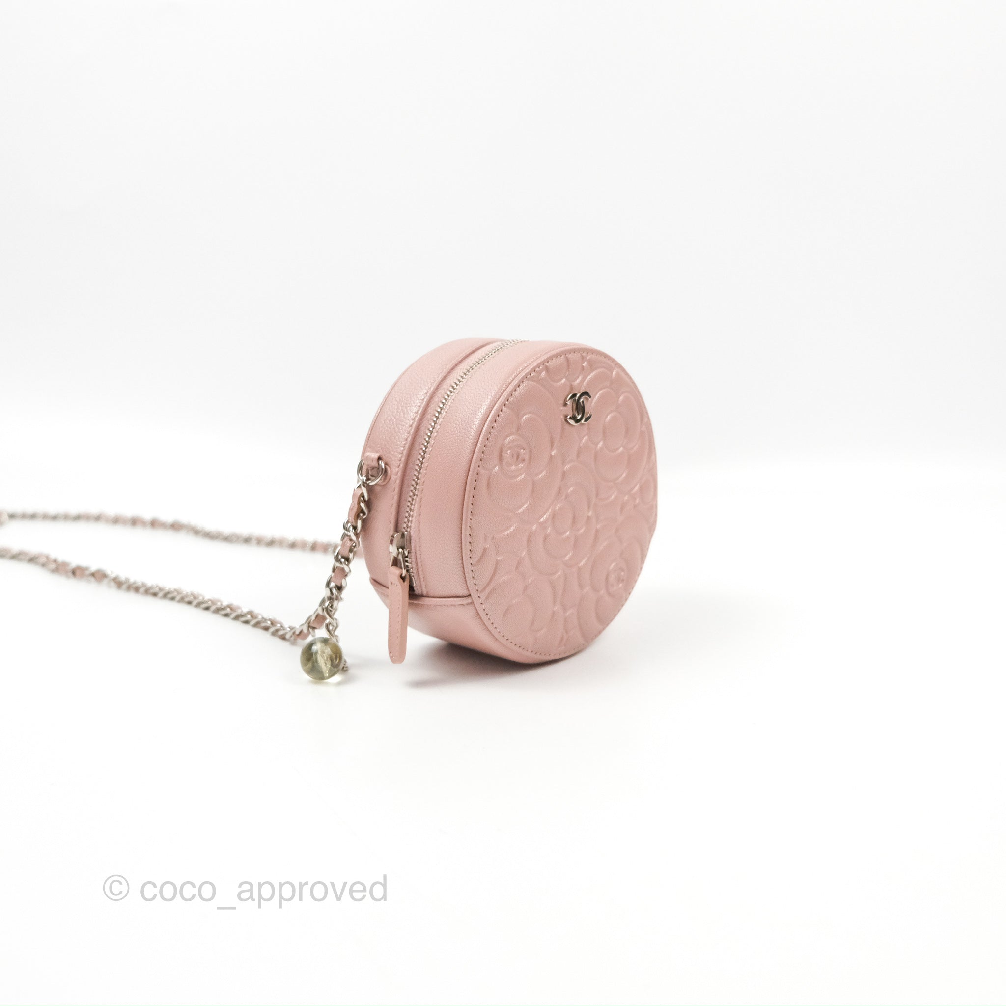 Chanel Camellia Embossed Round Clutch Bag with Chain - Iridescent Light Pink Goatskin Leather & Silver Hardware | Evening Party, Wedding, Special Occasion Accessory