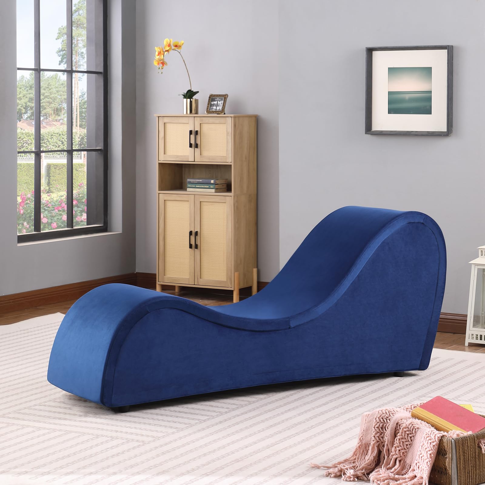 Ergonomic Yoga Chaise Lounge Chair for Adults - Padded Stretching Bench with Removable Washable Cover & Non-Slip Bottom - Perfect for Home Yoga, Meditation, Living Room Relaxation & Bedroom Exercises (Blue)