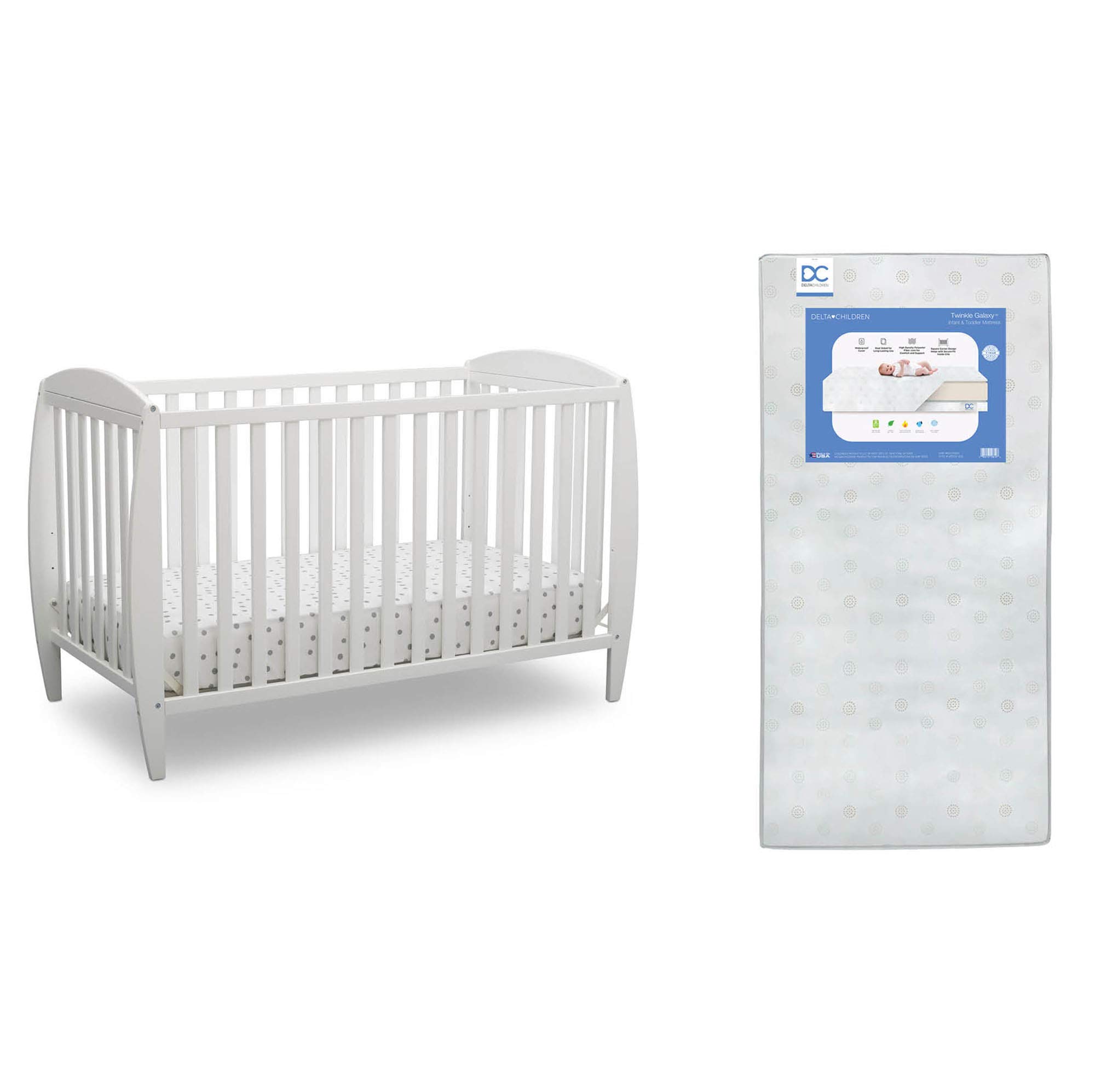 Delta Children Twinkle 4-in-1 Convertible Baby Crib with Sustainable New Zealand Pine Wood & Galaxy Dual-Sided Crib Mattress Bundle - White Nursery Furniture Set for Newborns to Toddlers | Eco-Friendly Baby Bedroom Essentials for Safe Sleep & Playtime