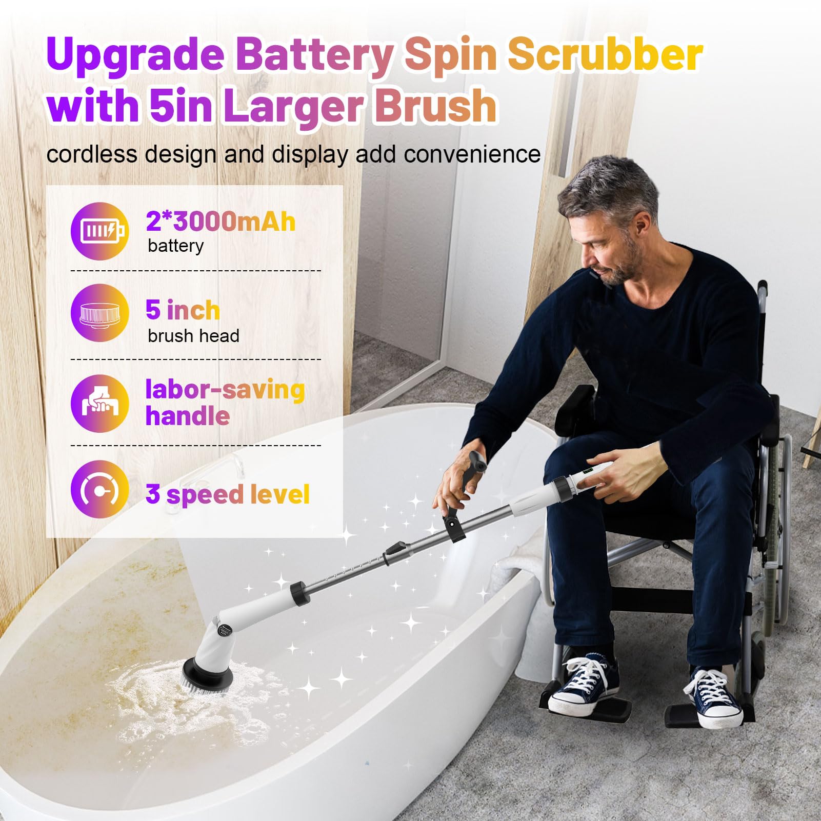 Zordin 6000mAh Cordless Electric Spin Scrubber with 5-Inch Large Brush - 1200RPM Power Shower Cleaner for Bathroom Tiles, Floor Grout, Kitchen & Shower - Includes 8 Replacement Brushes for Deep Cleaning