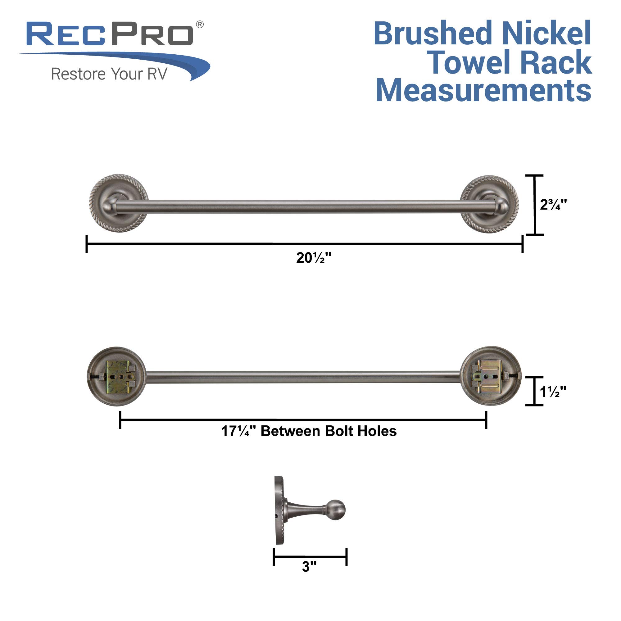 RecPro RV Towel Rack Brushed Nickel - Small Hand Towel Holder & Towel Bar Rail for RV Bathroom | Durable & Space-Saving RV Accessories for Camping & Travel | Perfect for Motorhome, Trailer & Van Life