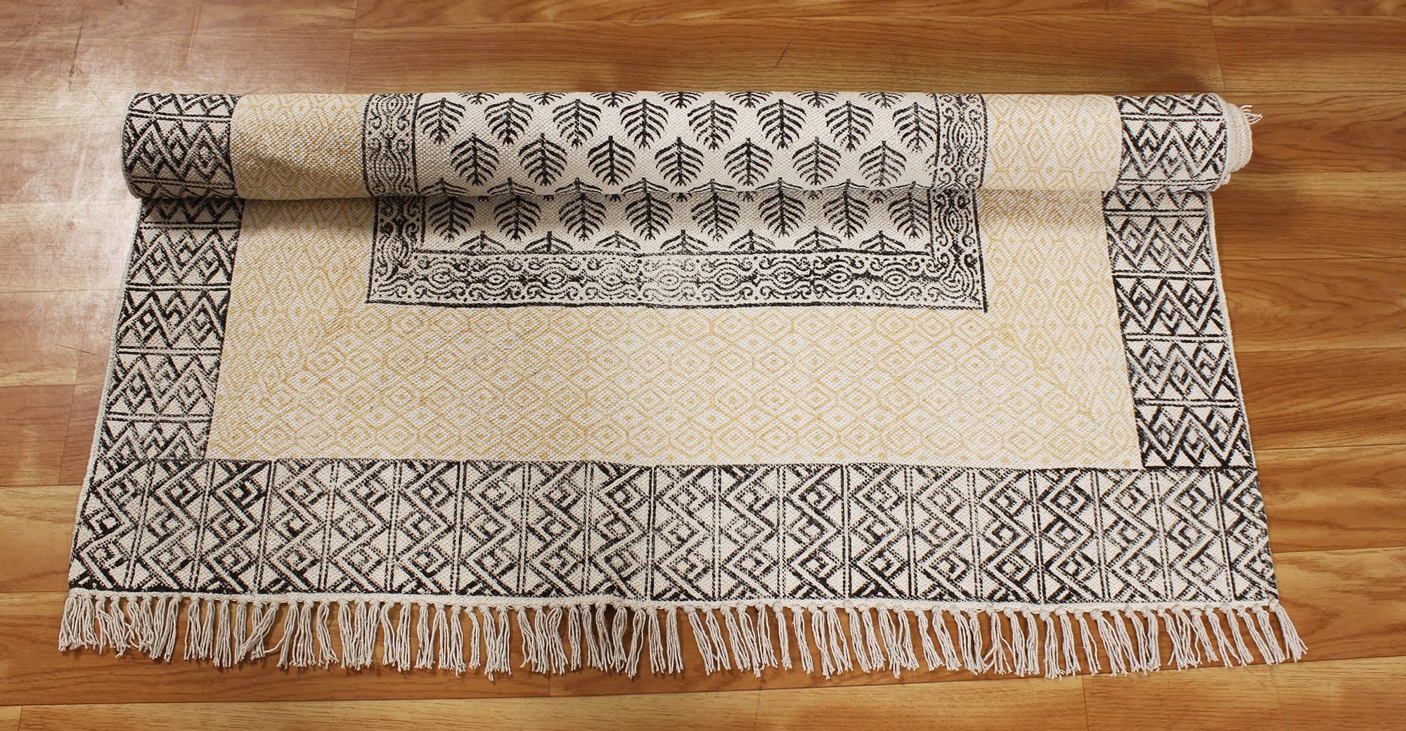 Bohemian Area Rug - Handmade Yellow & Black Cotton Runner with Tassels | Hand Block Printed Floral Design | Easy Washable | 90x600 cm (3x20 Feet) | Perfect for Living Room, Bedroom, Laundry Room & Entryway | Adds Boho Chic Style to Any Space