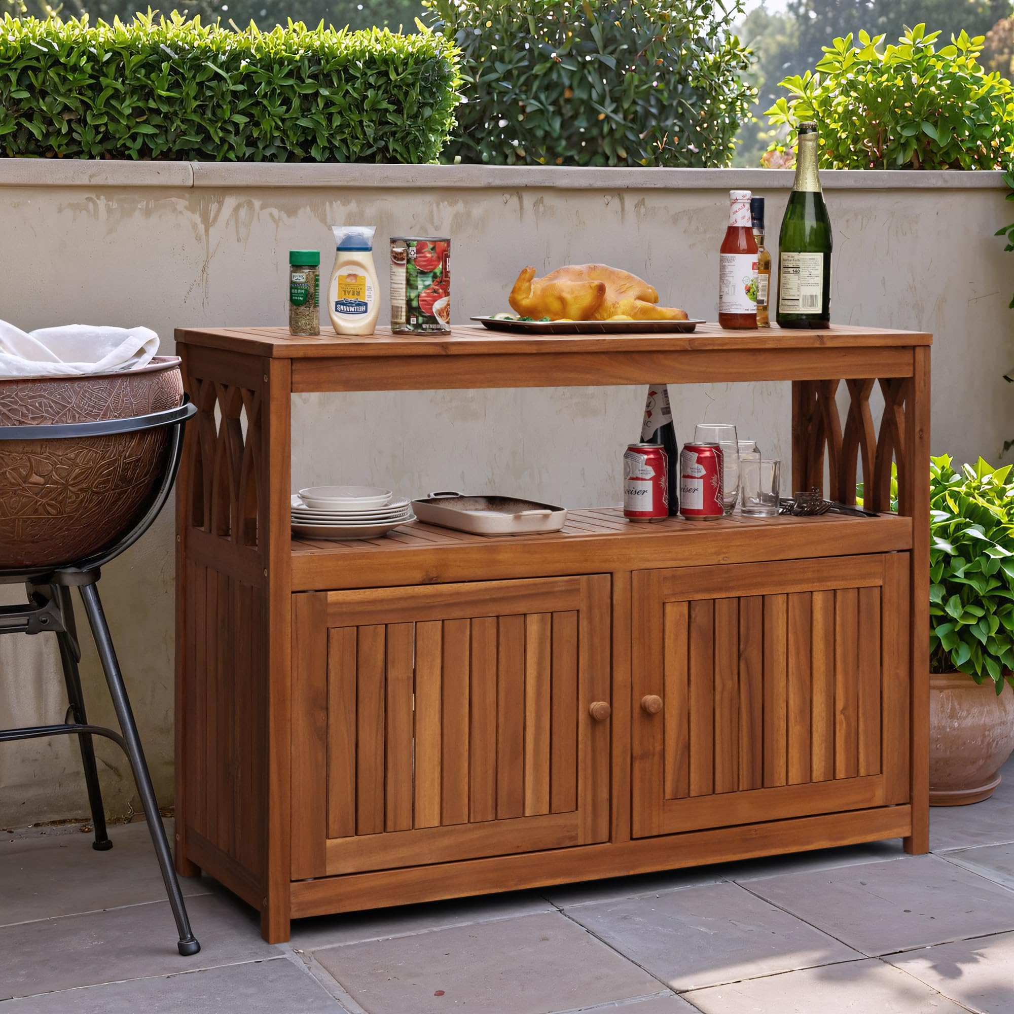 **Weatherproof Acacia Wood Outdoor Storage Cabinet with 2 Magnetic Doors – Ideal for Patio, Garden, Backyard, TV Stand, Bar Table & Potting Bench (Brown)**