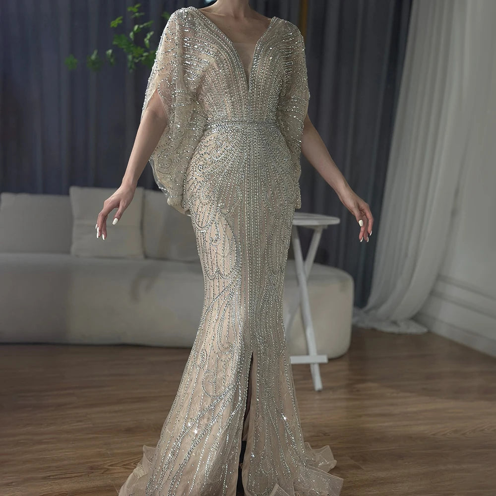 Luxury Arabic Tiffany Mermaid Beaded Evening Dress Gown LA72288A - Elegant Formal Gown for Prom, Wedding, and Red Carpet Events