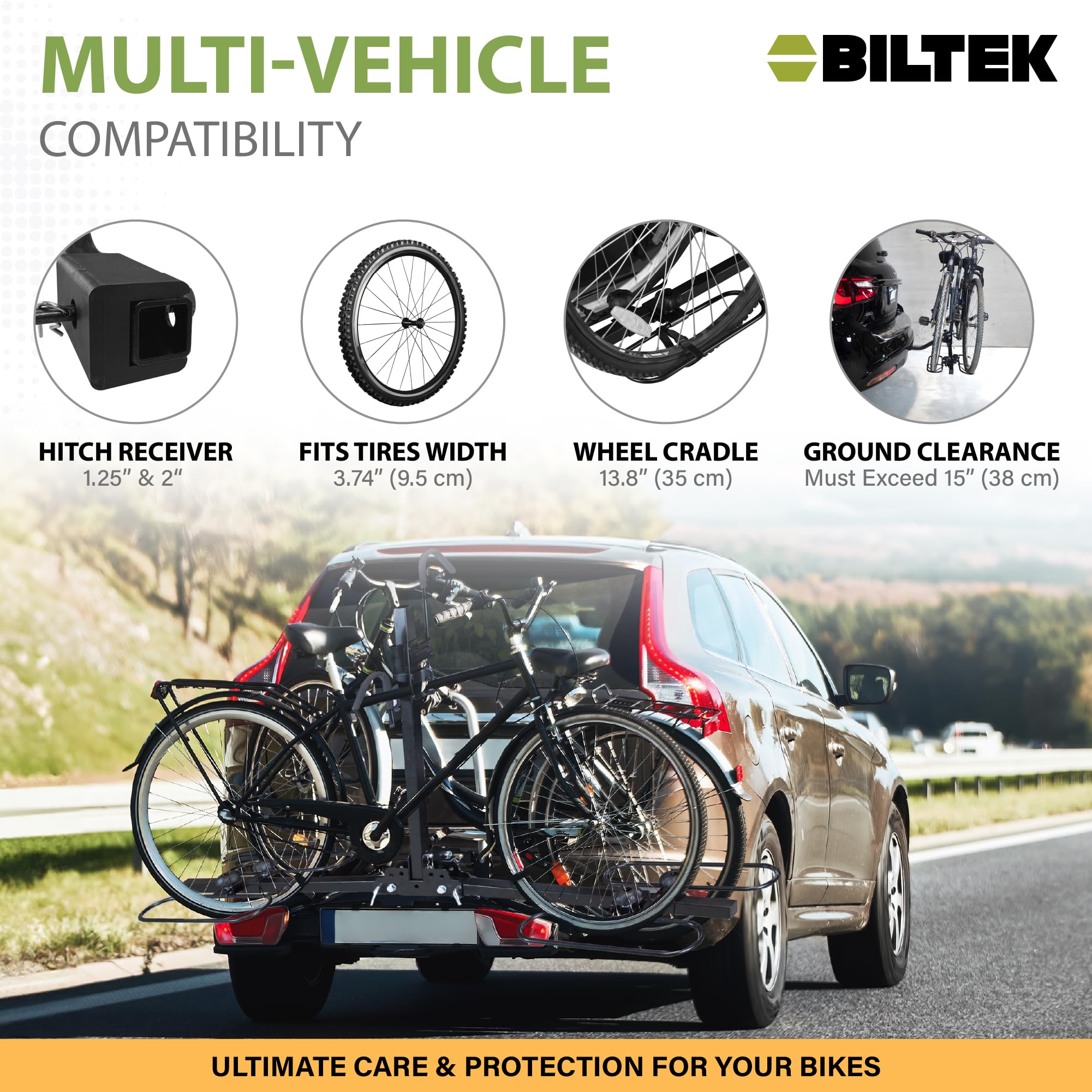 Biltek 2-Bike Hitch Mount Bike Rack - 90 lbs Capacity, Tiltable & Foldable for SUV, Truck, Car - Fits 1.25