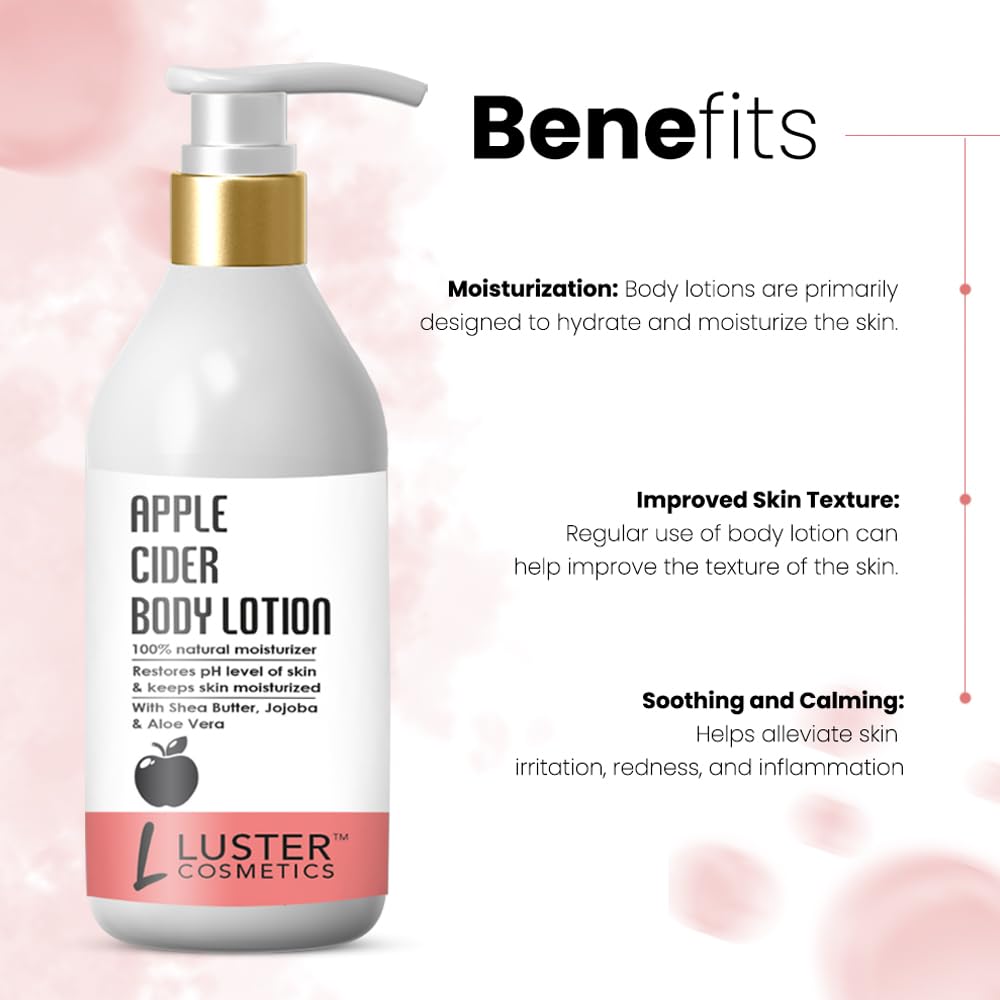 Luster Cosmetics Apple Cider Vinegar Body Lotion with Aloe Vera & Jojoba Oil - pH Balancing, Deep Moisturizing Skin Care for All Skin Types - Paraben Free, 300ml - Perfect for Dry Skin Relief & Daily Hydration