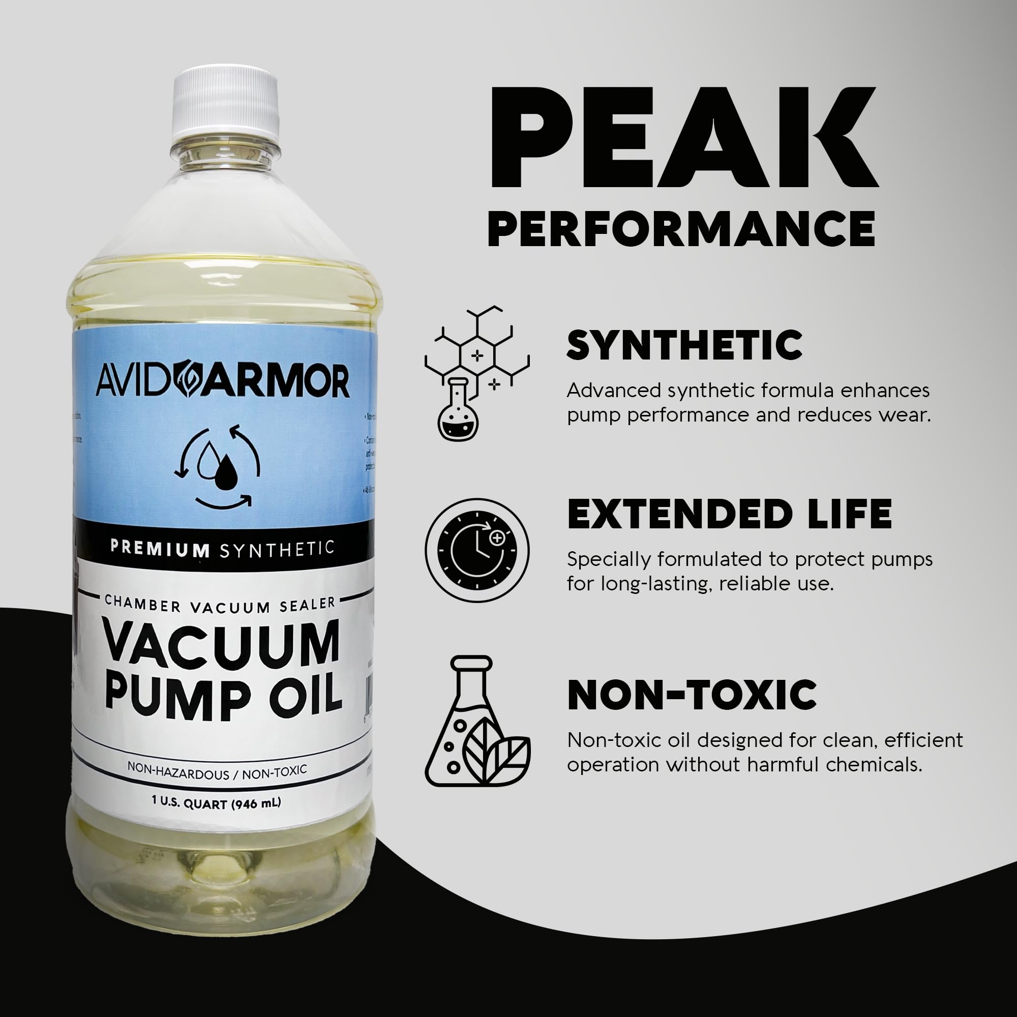 Avid Armor Premium Synthetic Vacuum Pump Oil - High-Performance ISO 46 Viscosity, 32 oz (1 Quart) for Chamber Vacuum Sealers | Long-Lasting Lubricant for Food Packaging, Sous Vide, and Commercial Vacuum Sealing Applications