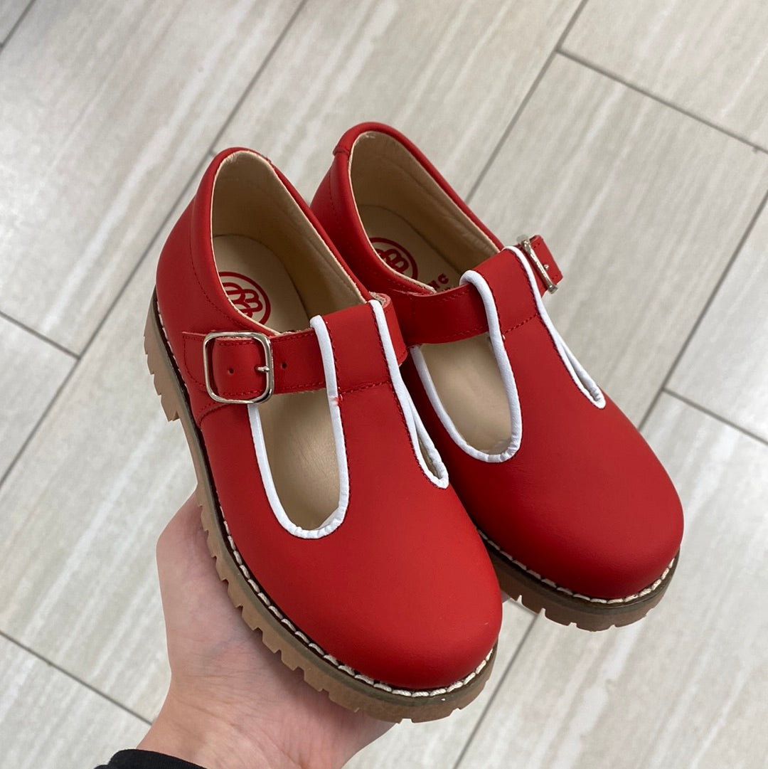 Blublonc Women's Red Gum T-Strap Loafers - Comfortable Slip-On Shoes for Casual Outfits & Office Wear