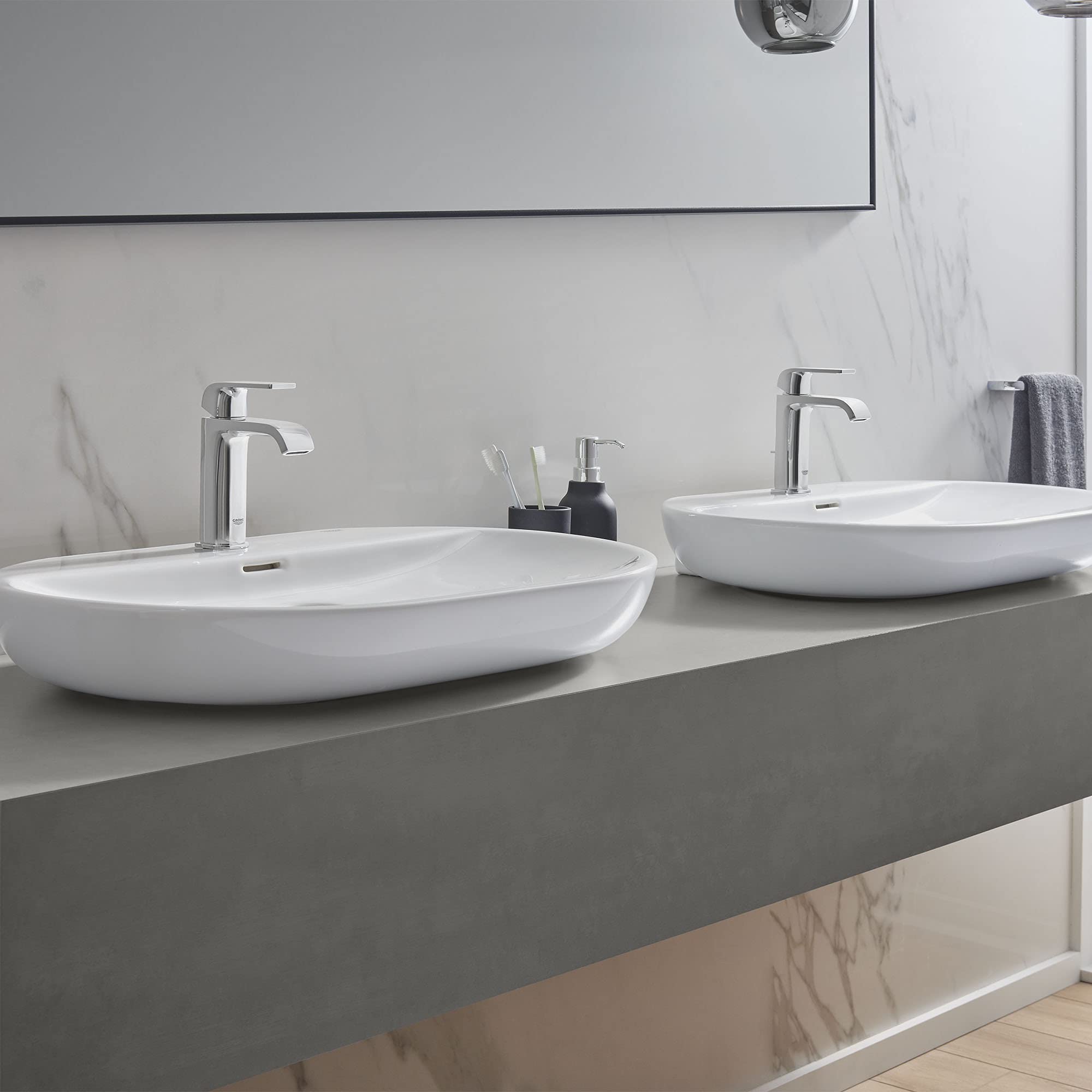 GROHE 39669000 Essence Bathroom Sink Faucet - Alpine White Finish - Single Handle Waterfall Spout for Modern Bathroom & Powder Room Renovation